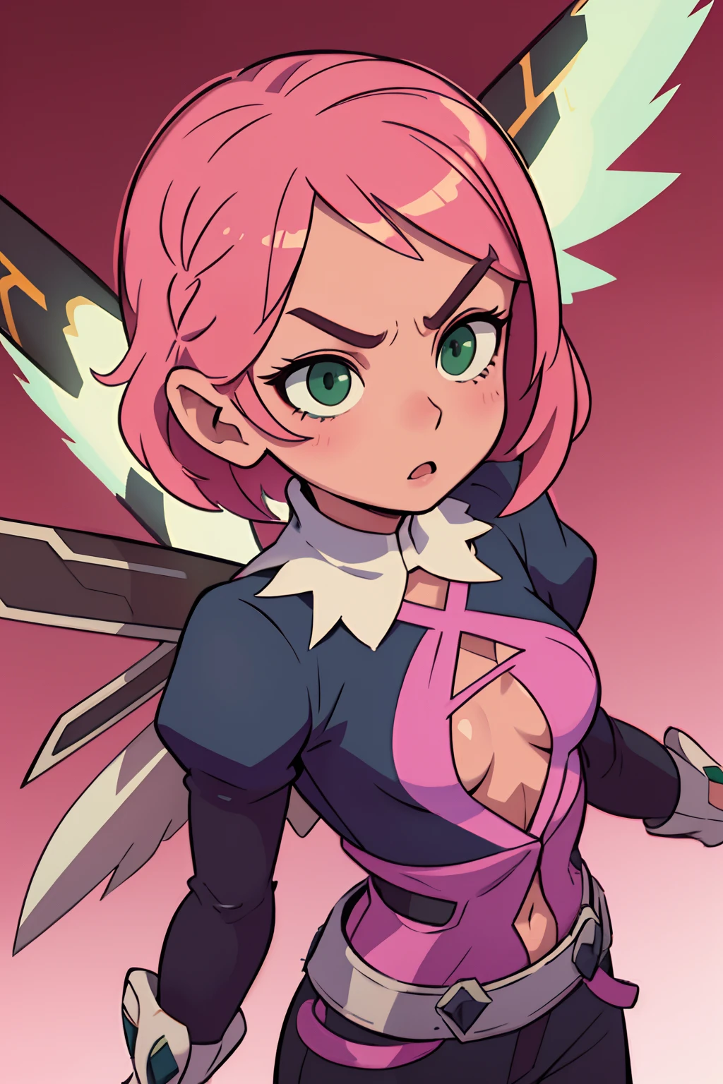 Alisa, cabelos rosa curtos multicor, Symmetrical perfect green eyes, sardas no rosto, Rosto bonito, mechanical wings, Tekken