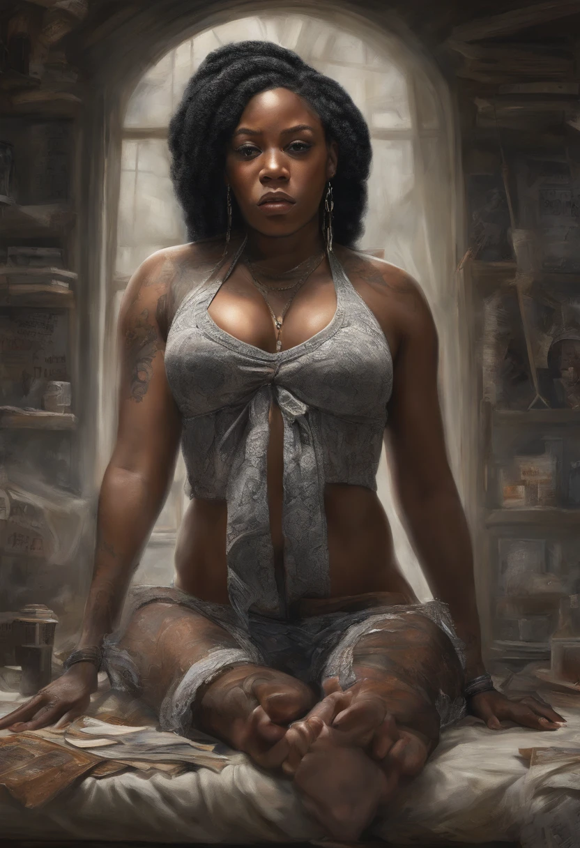 **Post-Impressionism style, black woman, introspective self-portraits, capturing the inner thoughts, emotions, and identity of black woman through evocative and introspective self-representations, huge breasts