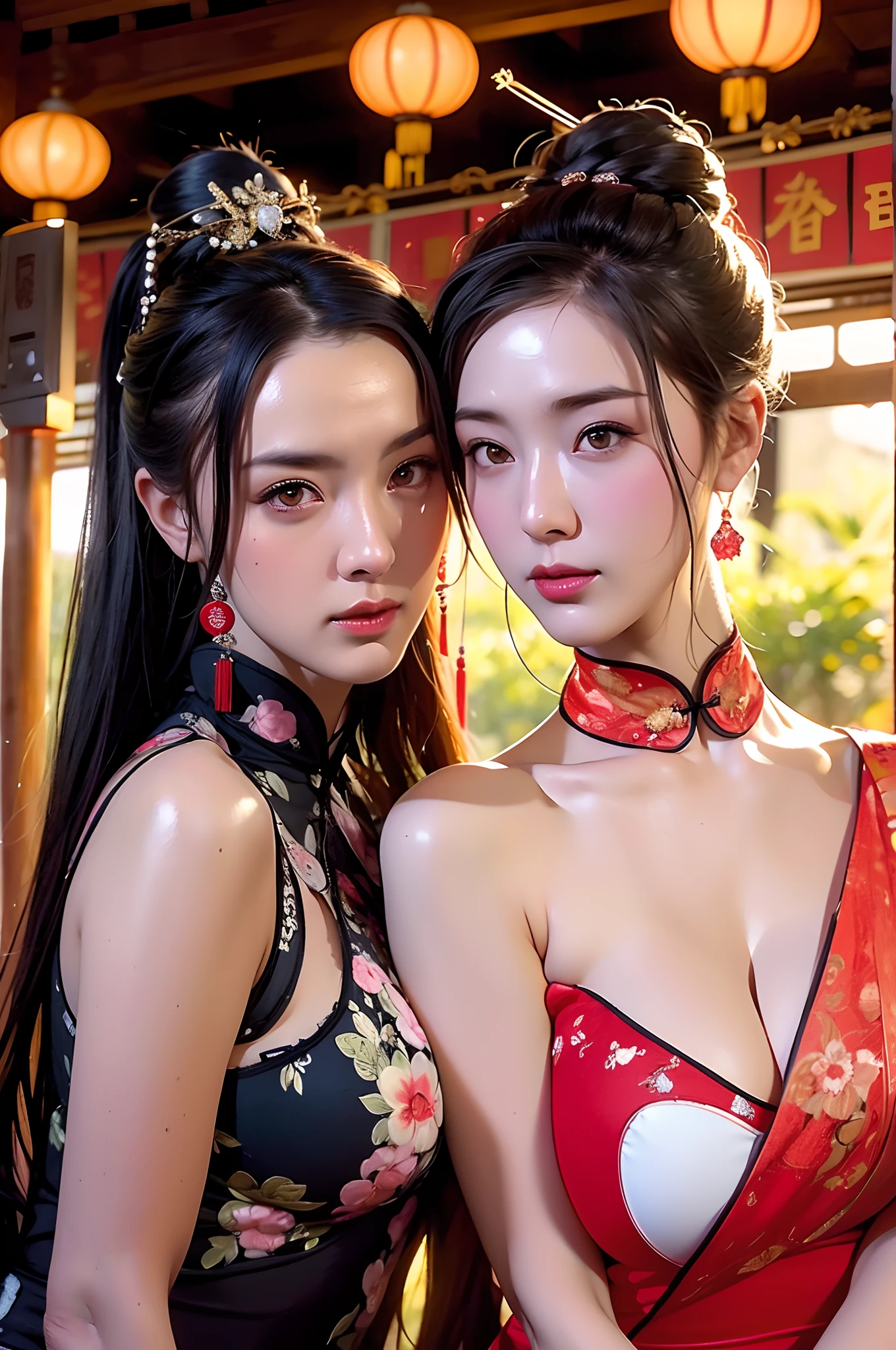 high-level image quality、portrait,Like a shot with an SLR、Sensual body,thighs、slit、Painting a work of art depicting two women in a Reveals translucent traditional cheongsam sitting together:1.5,duo,leering:1.3,Chinese hair ornament:1.4,Chinese hairpins:1.4,Chinese hairsticks:1.4,in the railway station,retro train background,The proportions are the same for all races, All faces and pictures must be different, use all spectre of your different emotions from happiness to anger, Perfect composition golden ratio,