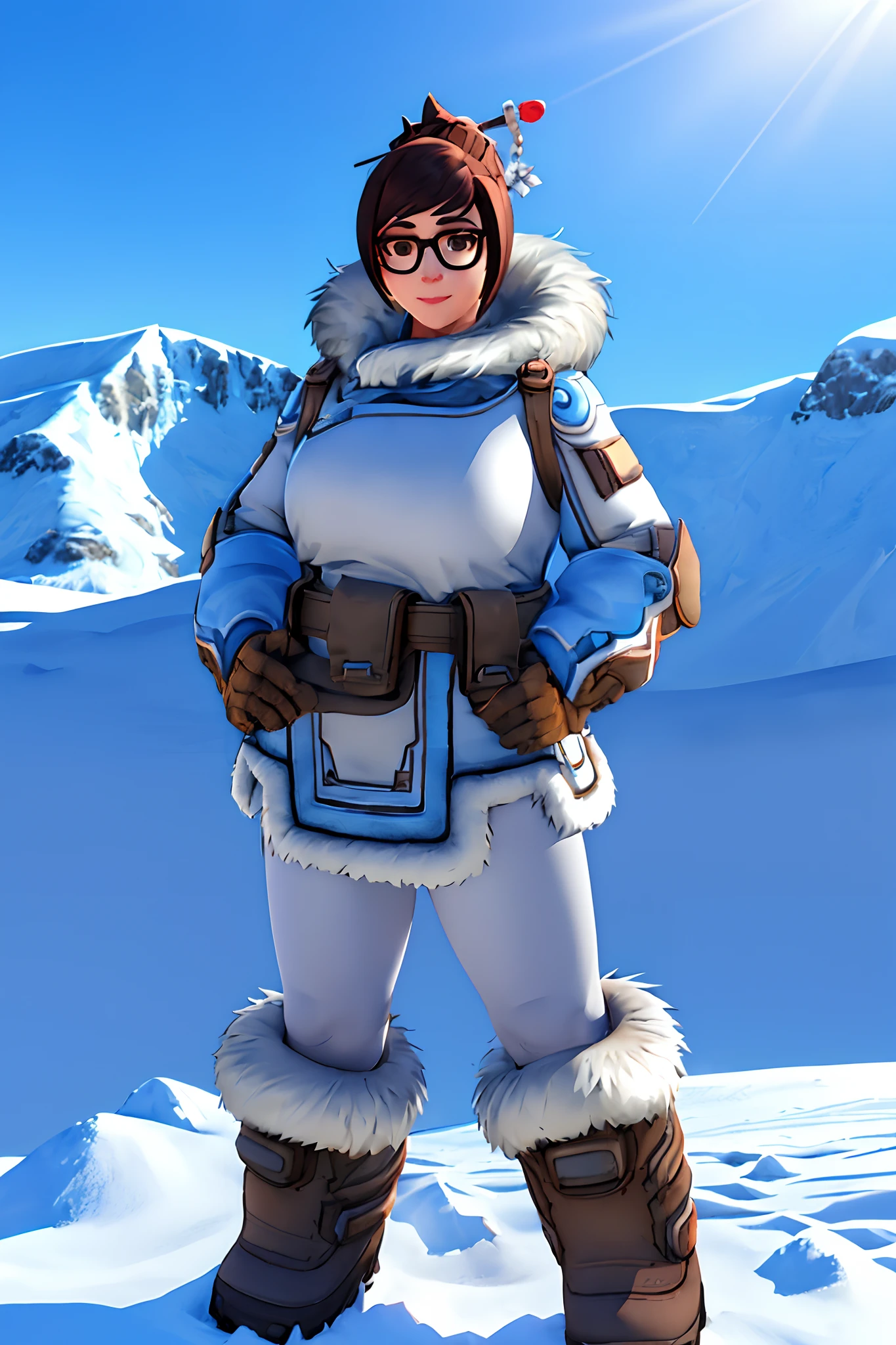 mei, confident pose, hands on hips, fur-trimmed coat, looking at the horizon, glasses, fur footwear, brown eyes, hair bun, hair stick, friendly face expression, gentle smile, antarctic background, sunlight, best quality