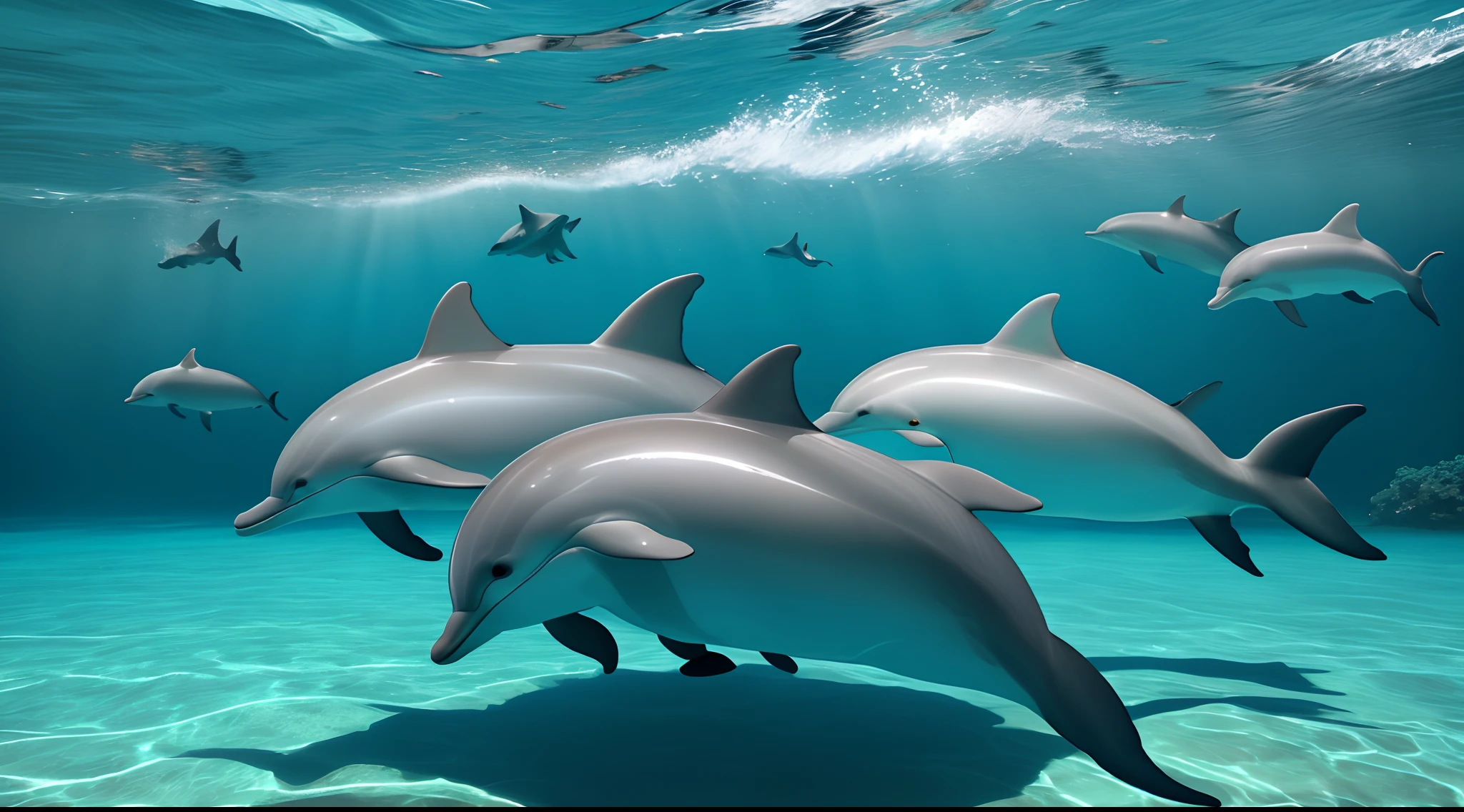 Underwater shot of a pod of dolphins swimming through pristine turquoise waters, ultra high detail, 8K, ultrarealistic