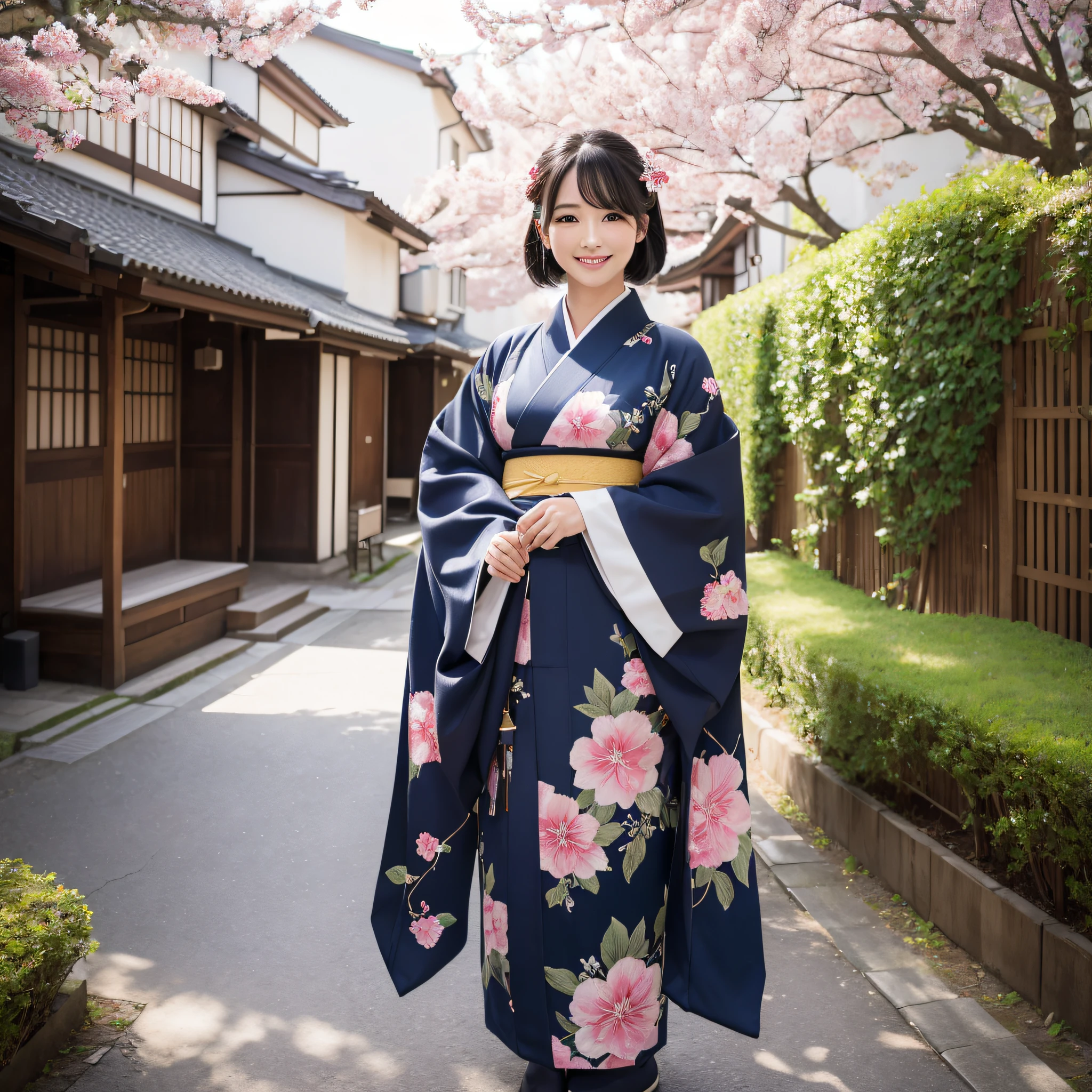 full body,full shot,sfw,beautiful russian girl in the image of a geisha with big bright blue eyes and long fluffy eyelashes Nordic type with a perfect miniature and graceful figure and very long and fluffy wavy wheat-colored hair stands full-length in the alley against a blooming Japanese pink sakura in a Japanese kimono colour NAVY BLUE and Japanese shoes gatte colour NAVY BLUE, The kimono of the girl is laced with intricate patterns of appliqué and embroidery of sakura blossoms, small breasts with bulges are translucent through the fabric, the ground on which the girl stands is studded with sakura petals, scene highly artistic, high resolution, sharp focus, Migjorni-V5 artistic style, hyperphotorealism, perfect proportions, golden ratio, flare, outline, sunlight, soft glow, soft focus, photography technique Monocle