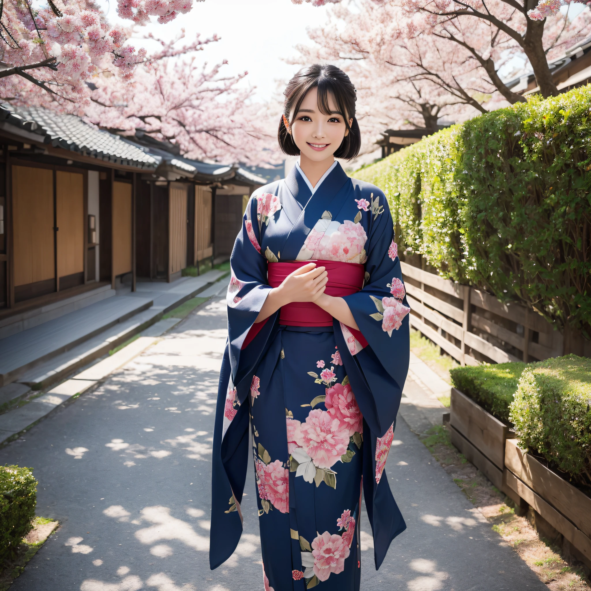 (Super beautiful woman in kimono)、((best qualtiy、8k masterpieces:1.3))、foco nítido:1.2、(ultra beautiful faces:1.0)、(shinny skin:1.0)、photos realistic、A dark-haired、Video Lighting、High-definition eyes and face、Video Lighting、Japanese actressl、from the front side、medium breasts、With a happy smile、Slender Abs Beauty、Whole body、wearing kimonos、Under the cherry