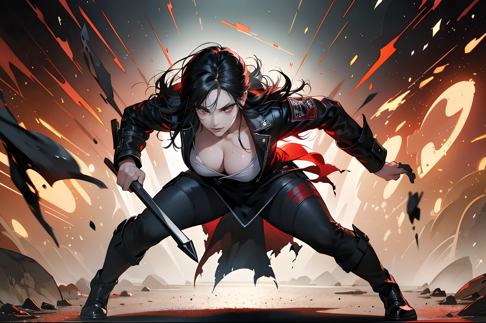 (Best Quality,4K,High resolution), Dark Hero，Superhumanization、(Best Quality,4K,High resolution)，transform,An abnormal，sharp eye，Red glowing eyes，Facial expression enhancement，，Changing the Appearance of a Transform，Destroy the ground with your fists，POWERGIRL、Spread your fists、buttle，Reproduce delicate and realistic skin texture in detail，Realistically reproduced muscles、Texture、Realistic portrayal，Vibrant colors，expresive，Classic background(Best Quality,4K,High resolution), Comical appearance，(Best Quality,4K,High resolution), 18yo woman, Red highlights on black hair, Long hair, Straight hair, Cool Woman,Superhumanization，Cold eyes ,sharp eye，Red and black decoration with intricate decoration、ripped clothing，comic strip，animesque，Comical illustration，busy，Deformed cute illustration，Full body projection，Doomsday World，Fighting，Dark worldview，Delicately reproduced dynamism、Combat stance