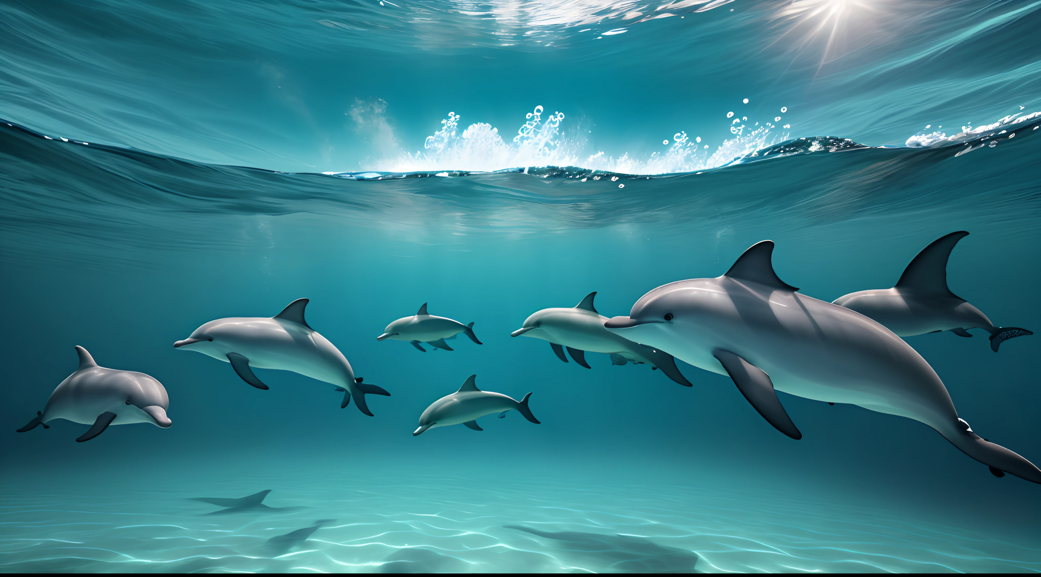 Underwater shot of a pod of dolphins swimming through pristine turquoise waters, ultra high detail, 8K, ultrarealistic