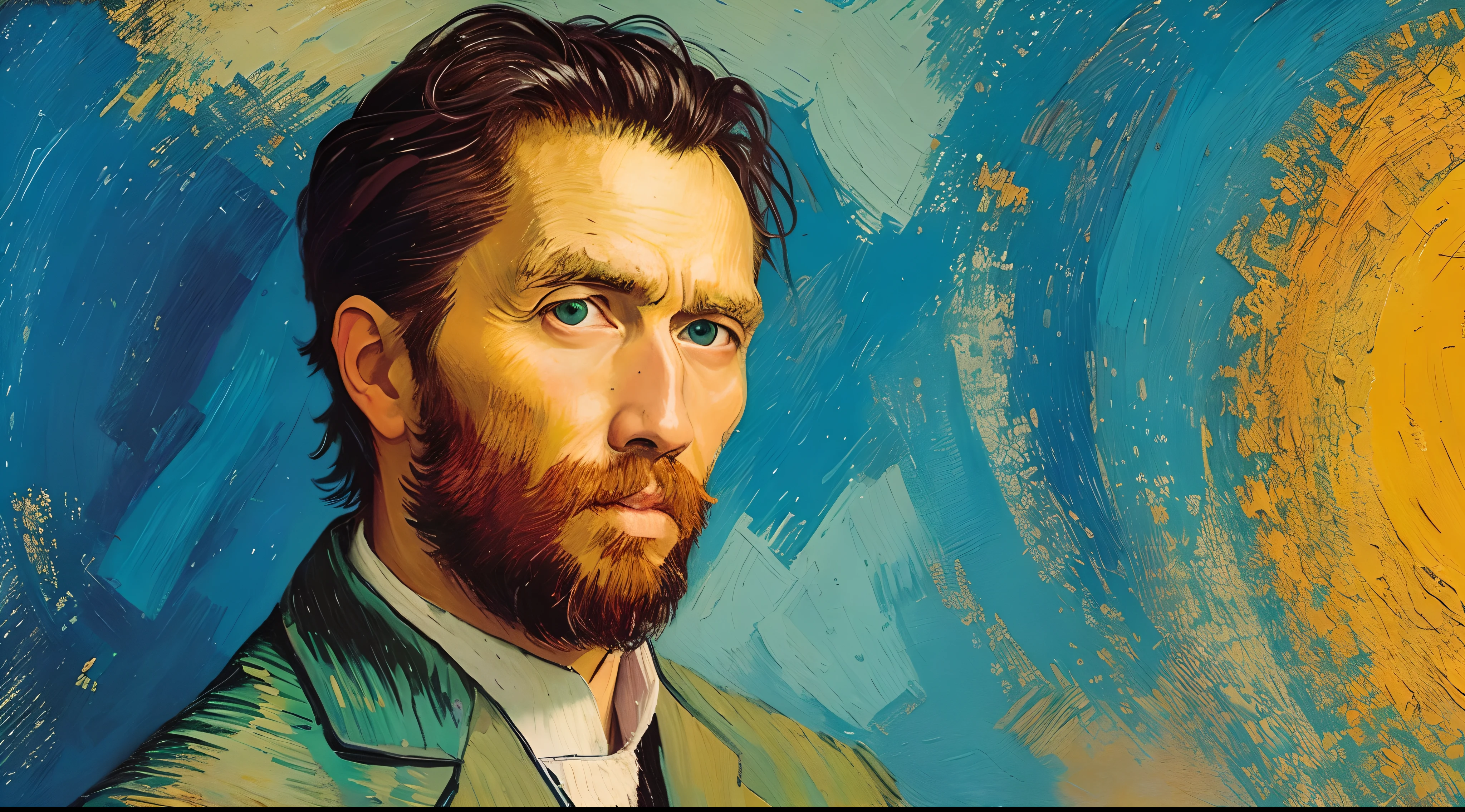 A self-portrait in the style of Van Gogh, using thick impasto brushstrokes and bold, contrasting colors to convey the artist's inner emotions and intensity.