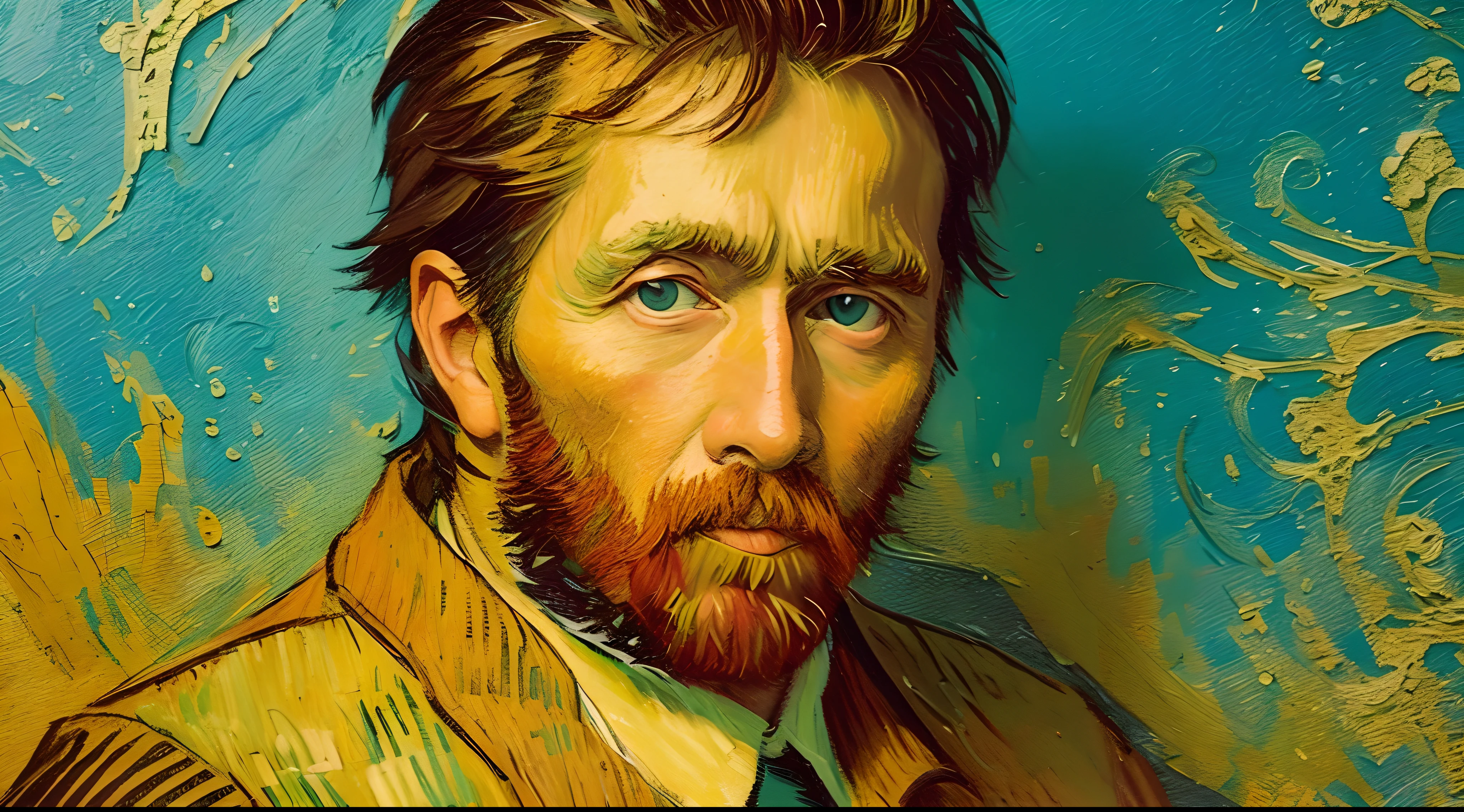 A self-portrait in the style of Van Gogh, using thick impasto brushstrokes and bold, contrasting colors to convey the artist's inner emotions and intensity.