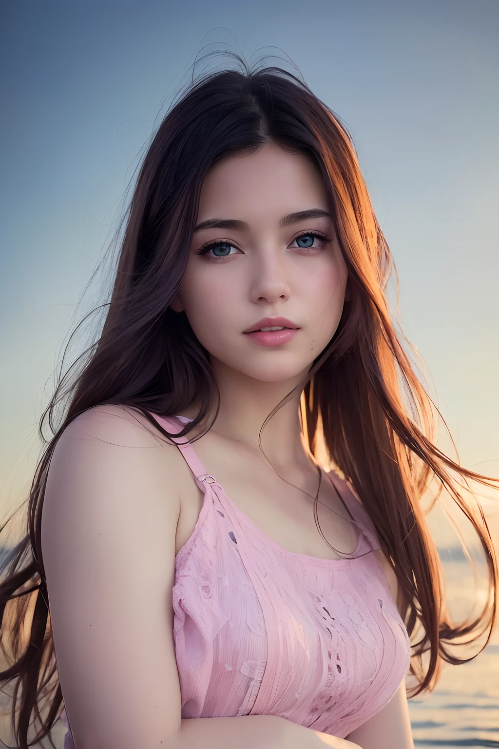 (8k, Best Quality, Masterpiece:1.2), (Realistic, Photorealistic:1.37), Ultra Detail, 1 Girl,Cute,Solo,Beautiful Detailed Sky,Date,(Blush),(Smile:1.15),(Closed Mouth)Small Breasts,Beautiful Detailed Eyes,(Long Hair: 1.2),Floating Hair NovaFrogStyle, Upper Body, Tank Top