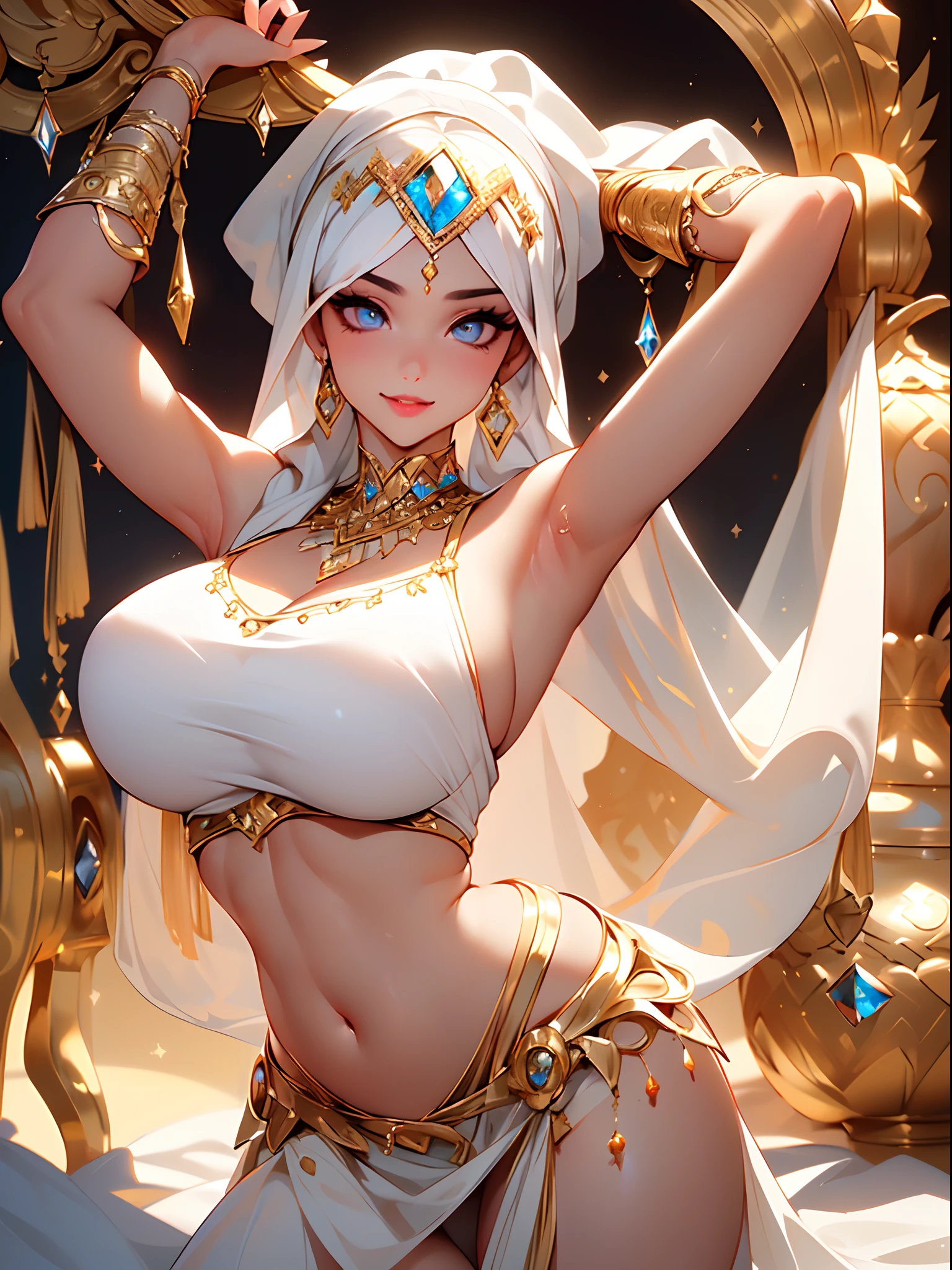 (​masterpiece,of the highest quality、8K ),Insanely detailed, Caustics,One Cute Girl,(Sexy Beauties:1.4),(perfect body type:1.4),(huge-breasted:1.4),Seductive smile,Mega Ponytail,Half rim(Belly Dance Dancer Costume:1.3),veils、(Face Veil:1.3),veils,Look at viewers,Midriff,Butt crack,Glamorous hips,(From  above:1.1),(rollback :1.2),arms on head,Arabian Night、Arabian Stage、(detailed and beautiful eyes、(Glossy Lip、Crystal clear skin、White and beautiful skin:1.2),long lashes、Eye Highlights,Twinkle Eyes,Hyper realistic,Perfect Anatomy