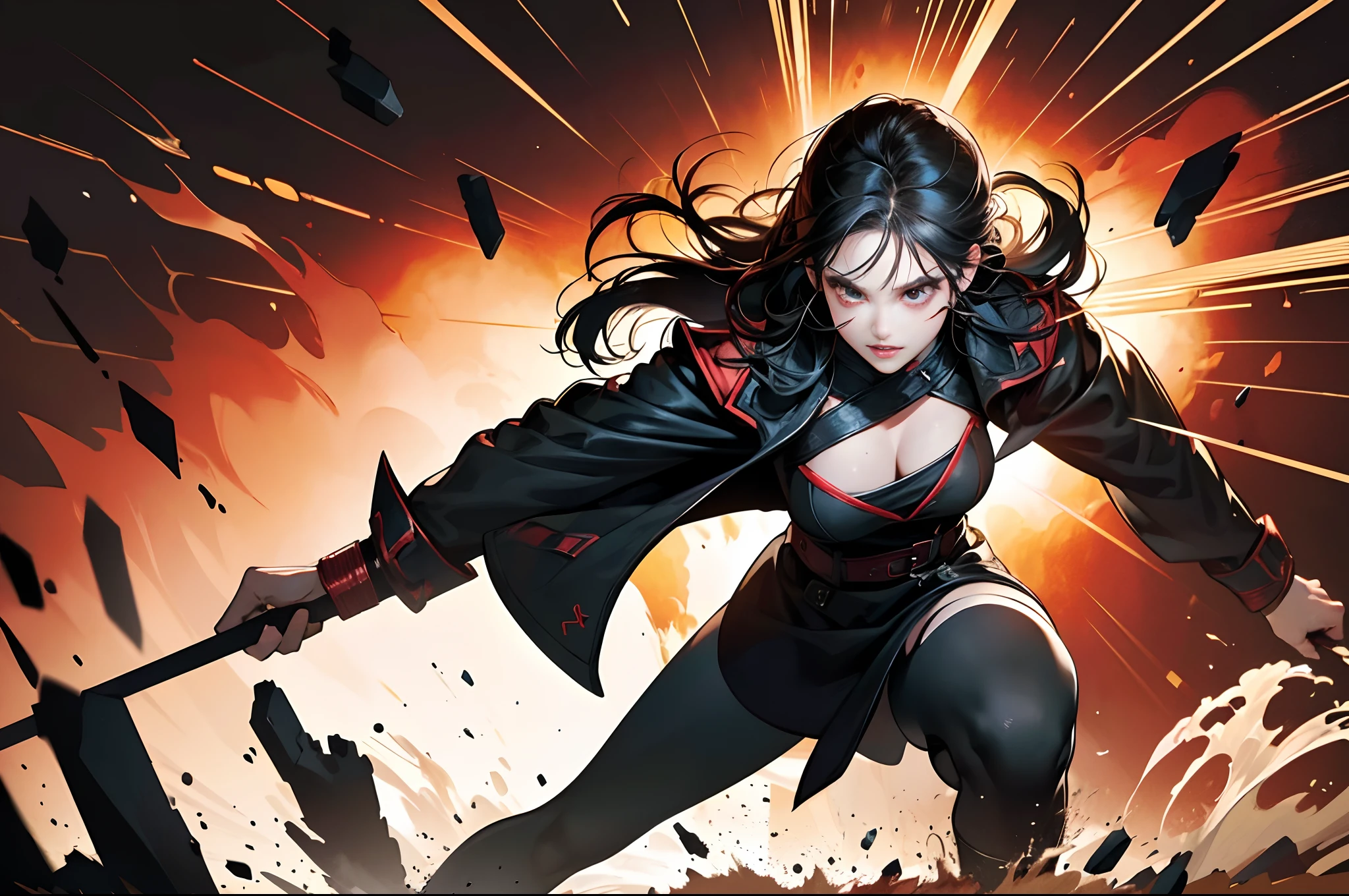 (Best Quality,4K,High resolution), Dark Hero，Superhumanization、(Best Quality,4K,High resolution)，transform,An abnormal，sharp eye，Red glowing eyes，Facial expression enhancement，，Changing the Appearance of a Transform，Destroy the ground with your fists，POWERGIRL、Spread your fists、buttle，Reproduce delicate and realistic skin texture in detail，Realistically reproduced muscles、Texture、Realistic portrayal，Vibrant colors，expresive，Classic background(Best Quality,4K,High resolution), Comical appearance，(Best Quality,4K,High resolution), 18yo woman, Red highlights on black hair, Long hair, Straight hair, Cool Woman,Superhumanization，Cold eyes ,sharp eye，Red and black décor with intricate décor、ripped clothing，comic strip，animesque，Comical illustration，busy，Deformed cute illustration，Full body projection，Doomsday World，Fighting，Dark worldview，Delicately reproduced dynamism、Combat stance