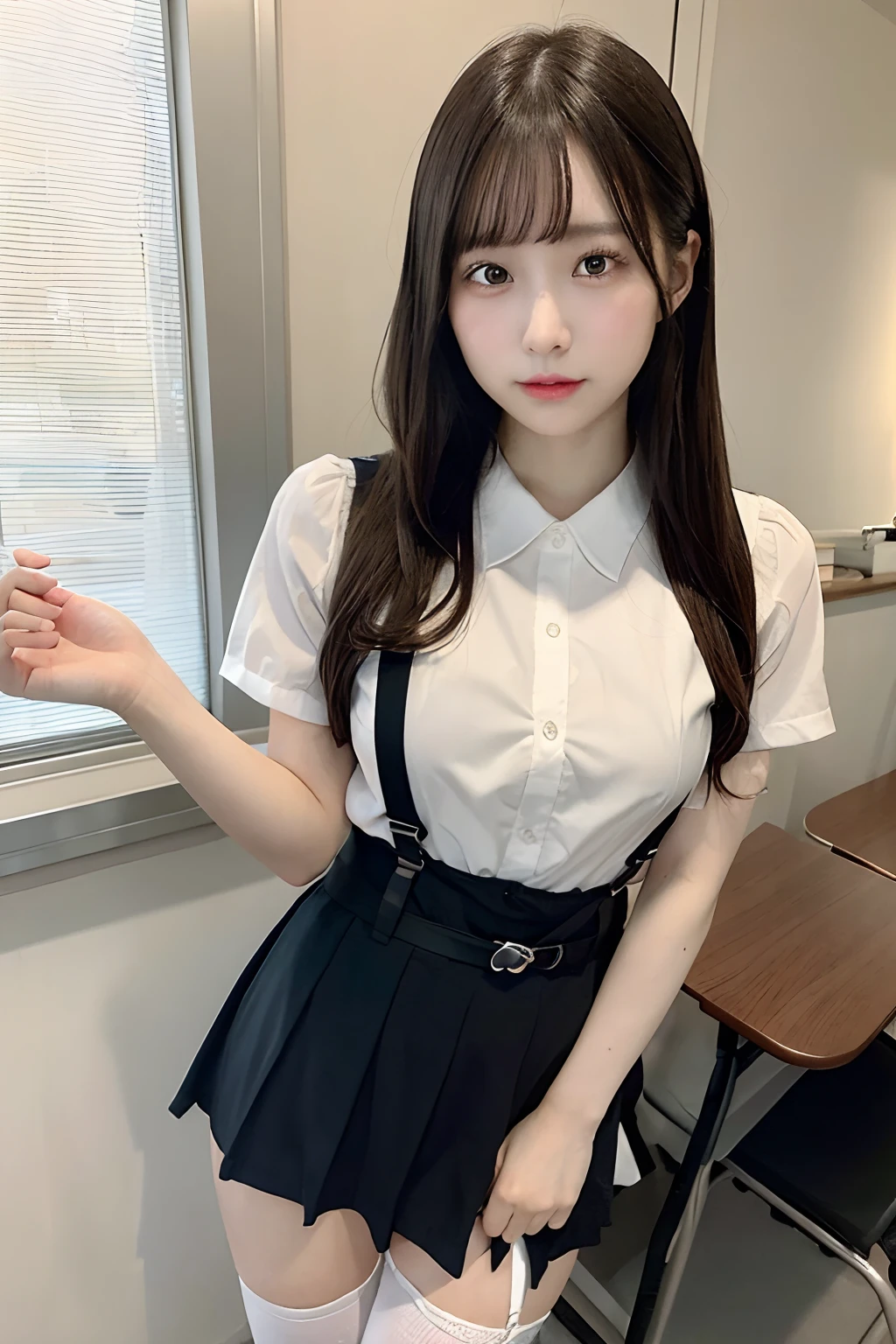 masterpiece、top-quality、The ultra -The high-definition、、colourfull、flat-colors、depth of fields、lens flare 1 girl、、A dark-haired、watching at viewers、Schools、Classroom、a miniskirt、Detailed feel、Detailed Cloth Texture、beautifull detailed face、beauty of 30 years old、Adult atmosphere、 garters Stockings large full breasts suspenders is standing glares knee high Niso knee high socks Armpit sweat Hands behind your hands Belt on skirt