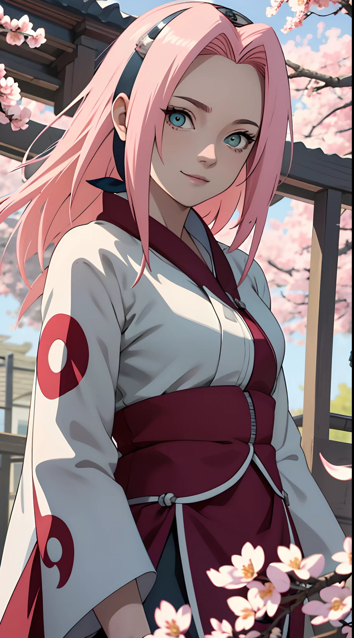 tmasterpiece, Best quality at best, 1girll, Sakura Haruno,(upperbody closeup),Raised sexy,is shy,ssmile,with pink hair, long whitr hair,Wearing a white kimono,(Green eyeballs:1.4), Forehead protection,Under the cherry blossom trees,Fluttering cherry blossoms,low-saturation,pale-blue( reasonable design, Clear lines, High sharpness,Best quality, Very detailed, Masterpiece, movie light effect, 4K )