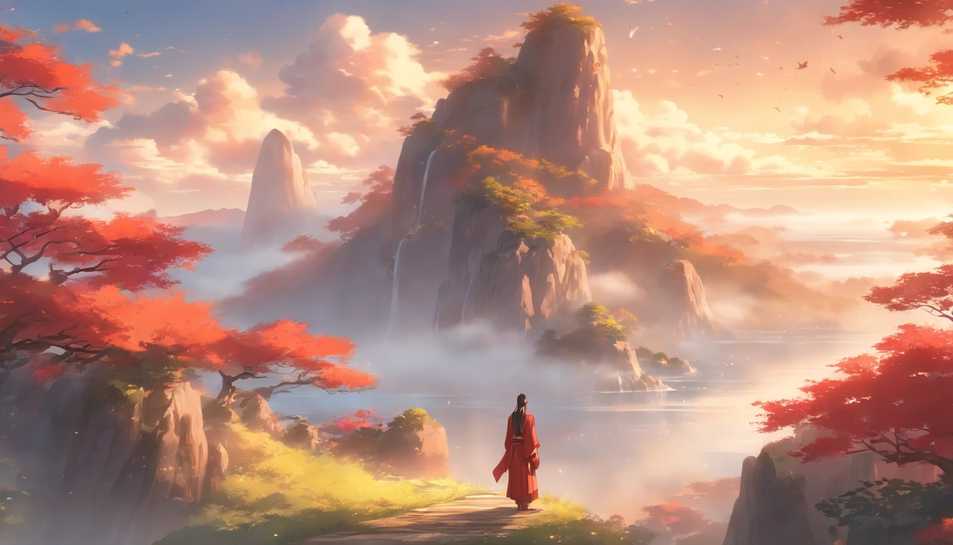 (best quality,4k,8k,highres,masterpiece:1.2),ultra-detailed,(realistic,photorealistic,photo-realistic:1.37),black long hair,man,white Taoist robe,cliff,red background,artistic style,ocean view,sunlight,serene expression,flowing robe,windy,peaceful ambiance,rugged terrain,majestic mountains,dramatic sky,tall rocks,spacious landscape,mysterious aura,morning light,calm atmosphere,subtle mist,meditation pose,majestic scenery,tranquil setting,serene backdrop,lush greenery,color contrasts,harmonious colors,total immersion,quiet contemplation,solitude,blissful peace,distant horizon,gentle breeze,dreamlike,spiritual retreat,ethereal beauty,secluded sanctuary,harmony with nature,aesthetic perfection,serenity of the mind,poetic scene,harmonious composition,artistic essence,rustic elegance,serenity and wisdom