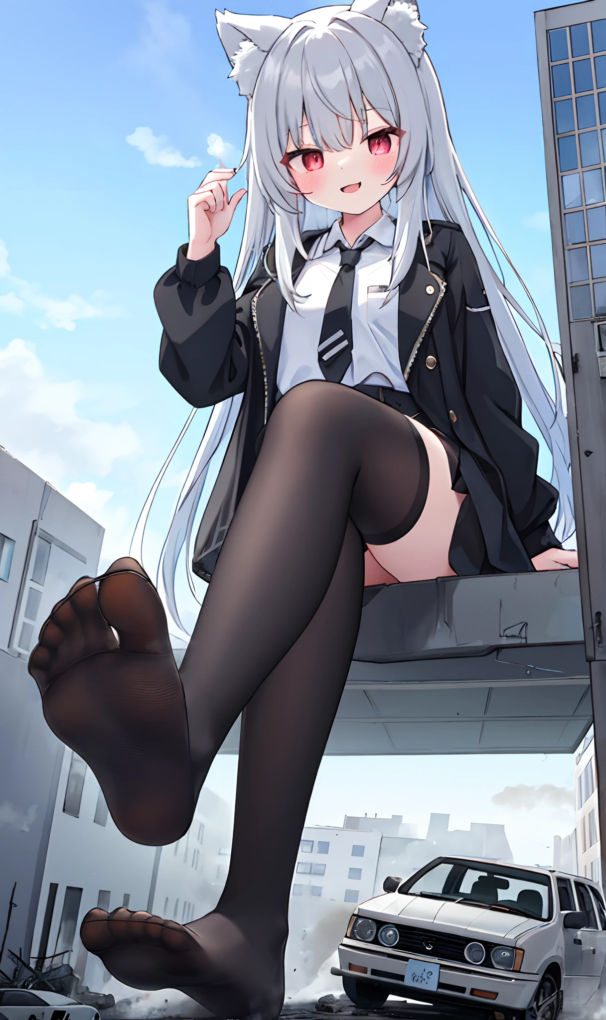1girll, old, full bodyesbian,A giantess, Bigger than the building,No shoes,{Black stockings},Black jacket with white shirt ,Blue tie,Dark gray hair,Wolf ears,Light red eyes,A cold expression, Destroyed buildings, Sit on a destroyed building,Trampled cars,Ravage the car with your feet,GTSCity, As a giantess, Bright pupils, Smile, Naughty face, 16k, High quality, High details, Anatomically correct, Textured skin,The feet emit steam,