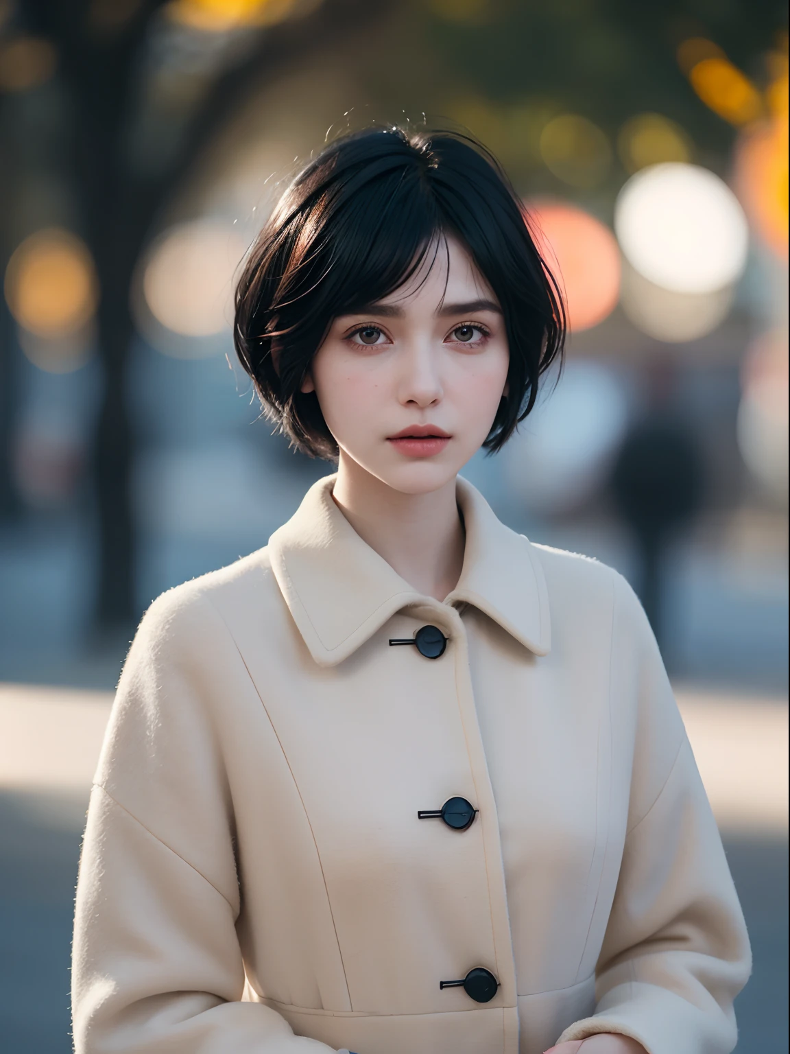 Beautiful [woman with raven black, pixie cut hairstyle] and sparks behind his, in the style of Alessio Albi, bokeh, [light white and dark orange], dotted, uhd image, serene faces, coat uniform