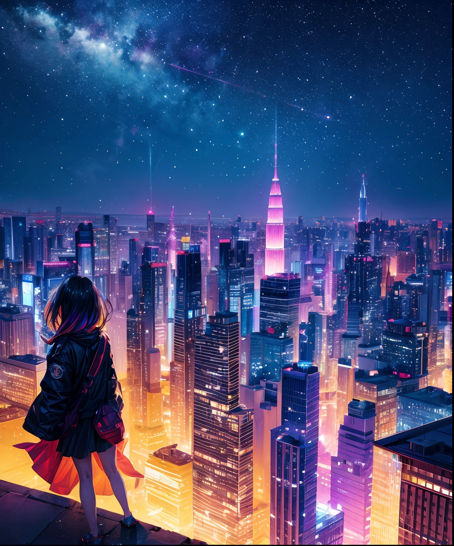 Cute girl characters、 Night view from a high place、Depict a large number of skyscrapers, Looking up at the starry sky. Surround her with colorful nebulae and colorful metropolis.