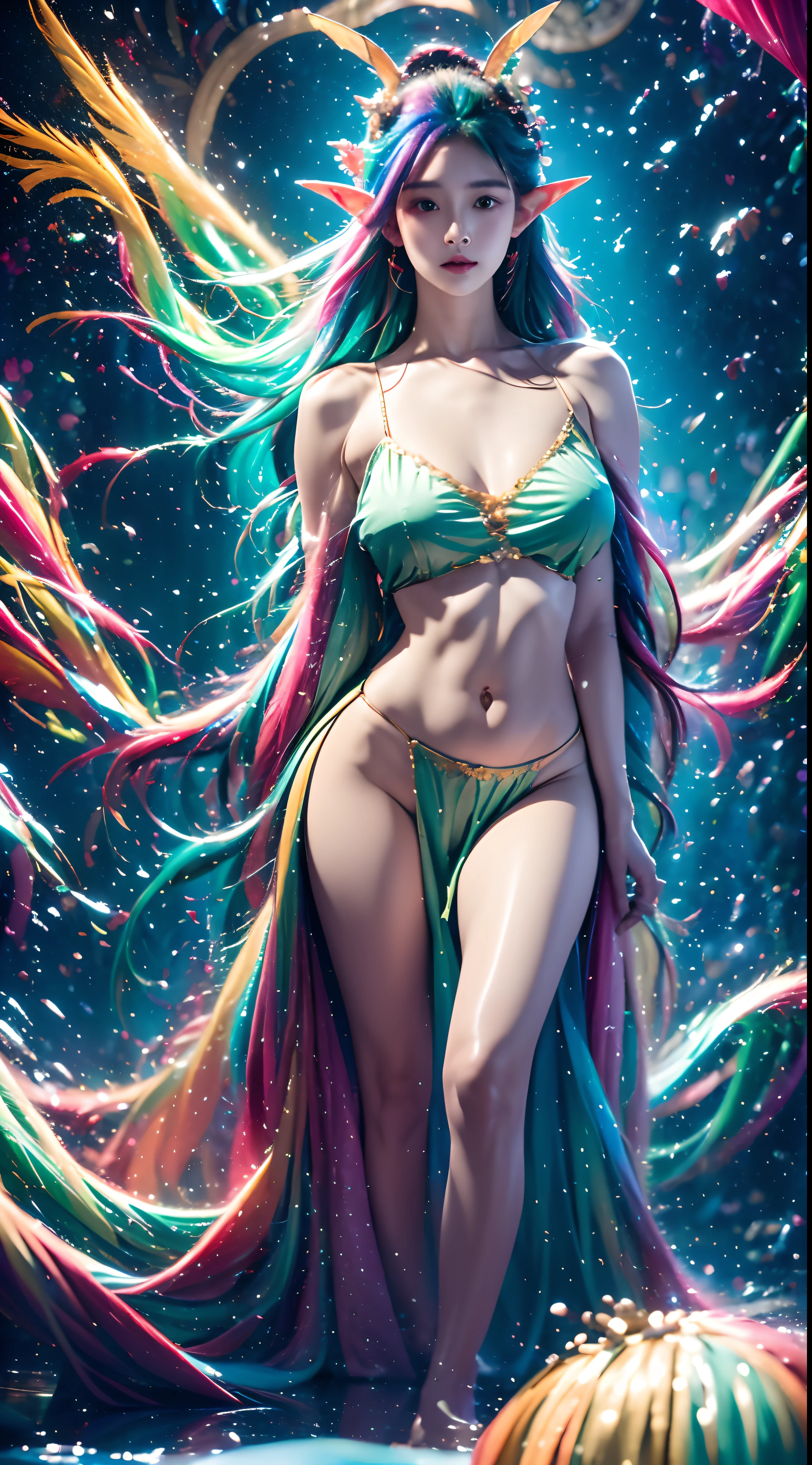 ( Absurd, High quality, Ultra-detailed, Masterpiece, concept-art, smooth, high detail artwork, Hyper-realistic painting , high resolution, paint splatter, colored splashing, Splash of Ink, colored splashing), (( Rainbow hair)),elf, Plum elf, plum , Transparent fairy wings, wearing only his underwear，huge tit，low chest，fairytale-like, Romantic, Vivid, Whole body,hand behind back，Malu，largeeyes，（Eye focus），Cosmic eyes，Space eyes，looking to the camera，In nature with waterfalls，PureErosFace_V1，Urzang-6500-V1 Edition, Edition.1，