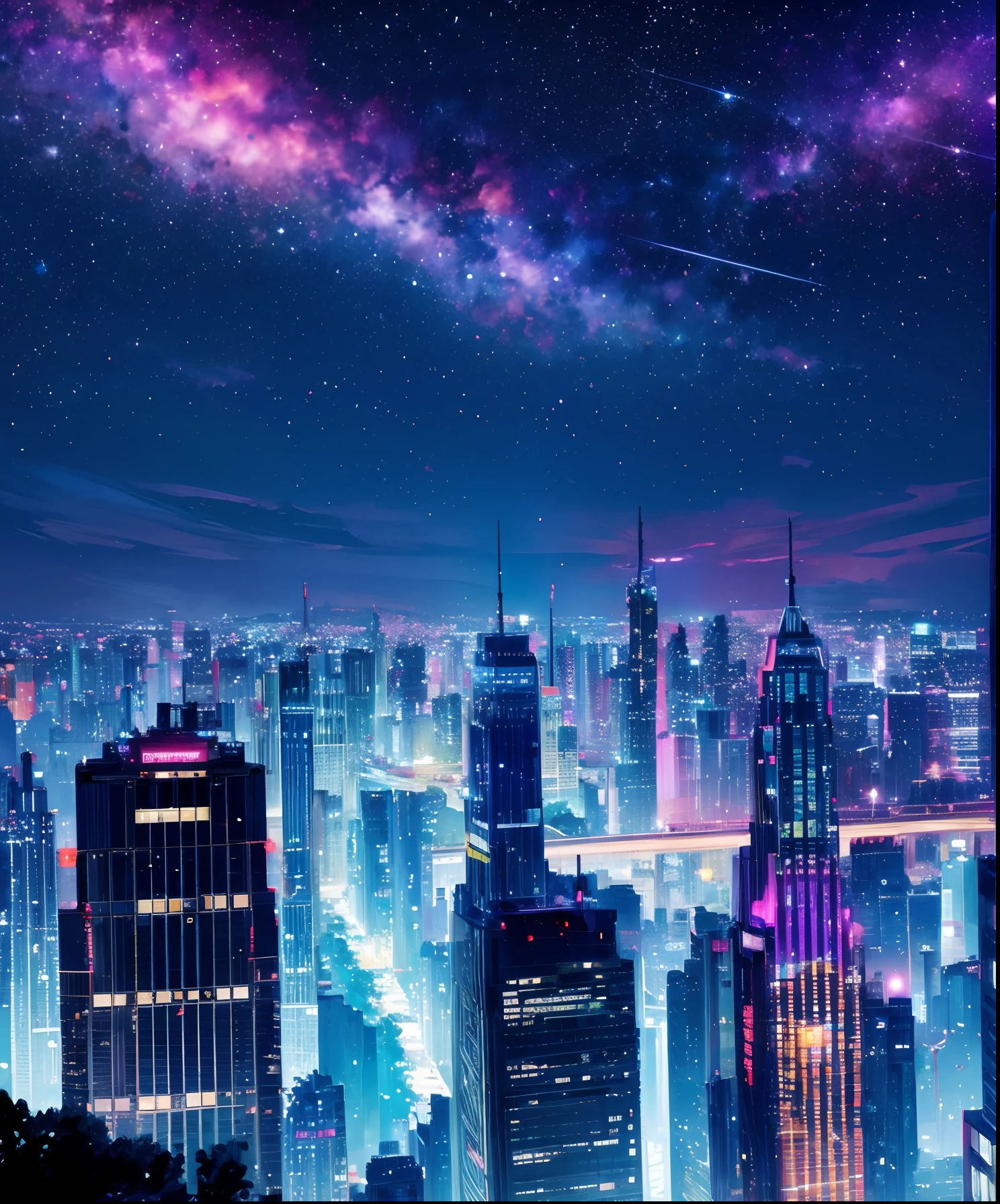 Cute girl characters、 Night view from a high place、Depict a large number of skyscrapers, Looking up at the starry sky. Surround her with colorful nebulae and colorful metropolis.
