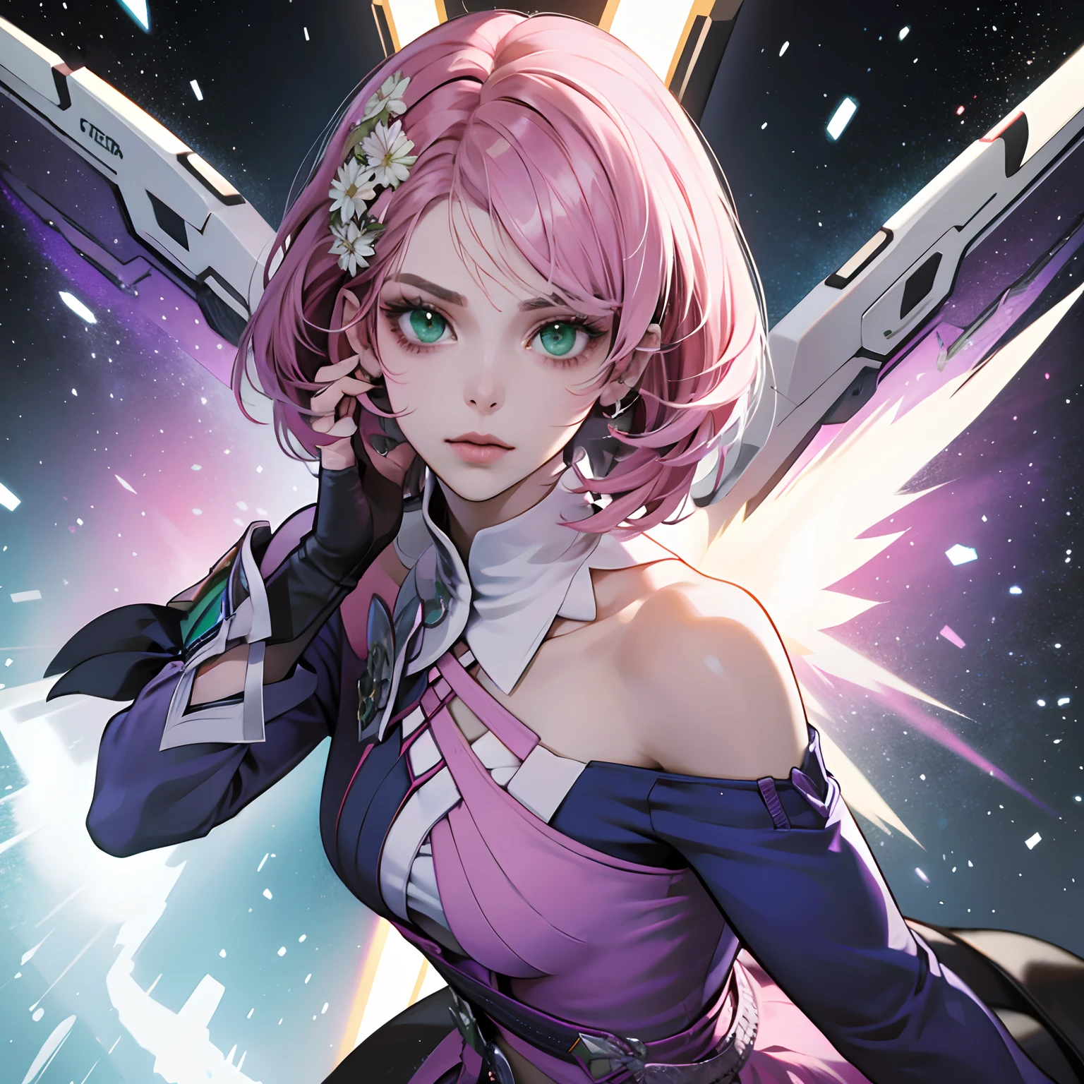 Alisa, cabelos rosa curtos multicor, Symmetrical perfect green eyes, sardas no rosto, rosto bonito, mechanical wings, Tekken