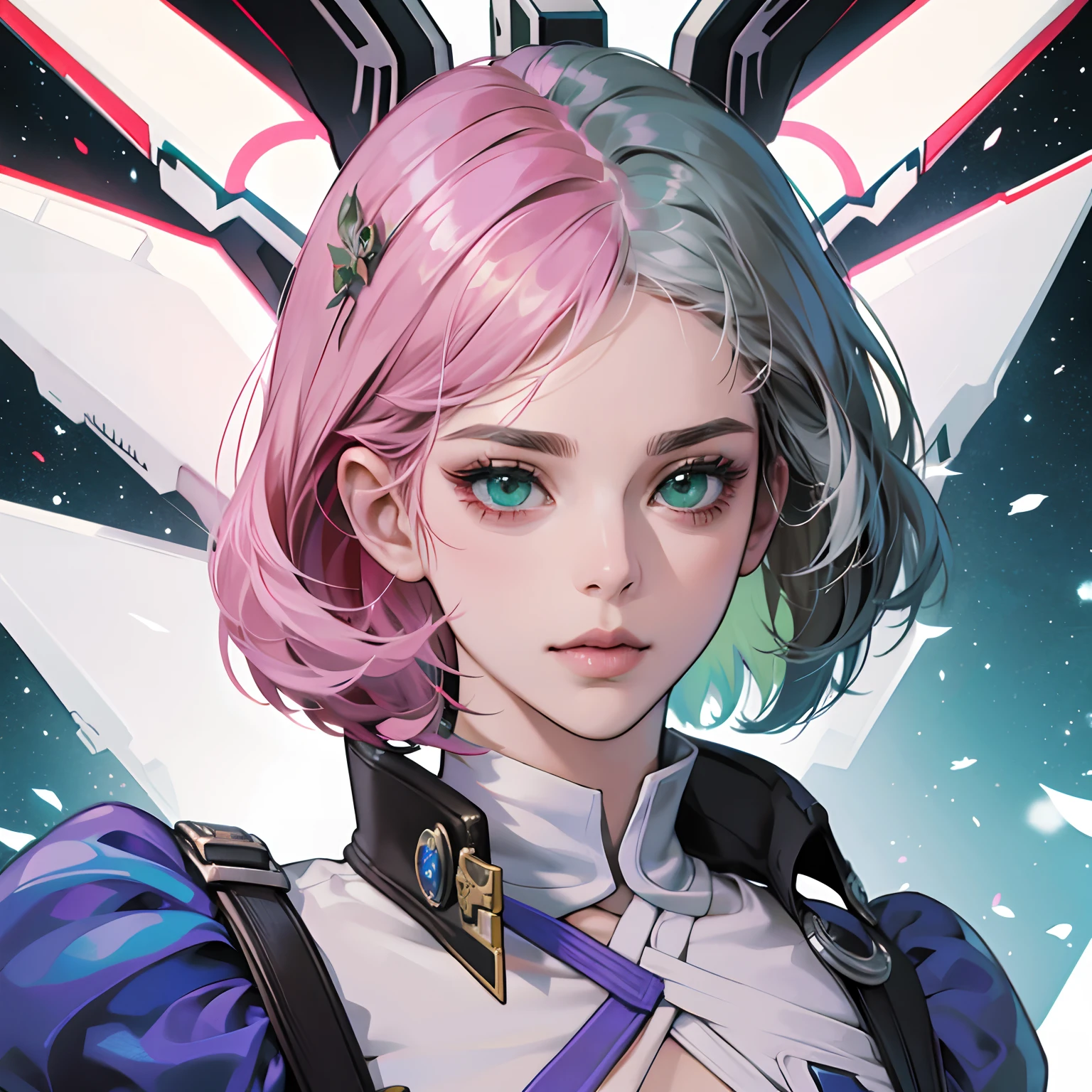 Alisa, cabelos rosa curtos multicor, Symmetrical perfect green eyes, sardas no rosto, rosto bonito, mechanical wings, Tekken