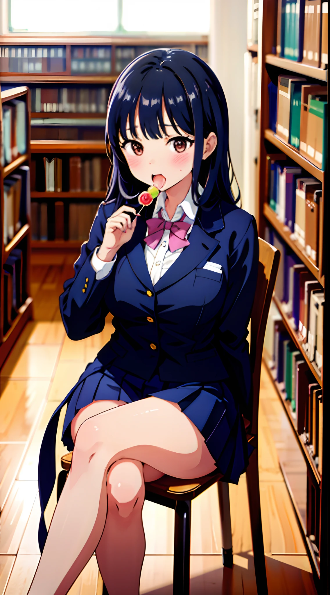 masterpiece, absurdres, ultra-detailed, Yamada Anna, long hair, long sleeves, open clothes, large breasts, school uniform, 1girl, black hair, blue pleated skirt, blazer, blush, white collared shirt, solo, (eating candy:1.5), blush, smile, candy on desk, outdoors, (sitting in library:1.5), open mouth, (masterpiece:1.2), highres, best quality, 8k, very clear,