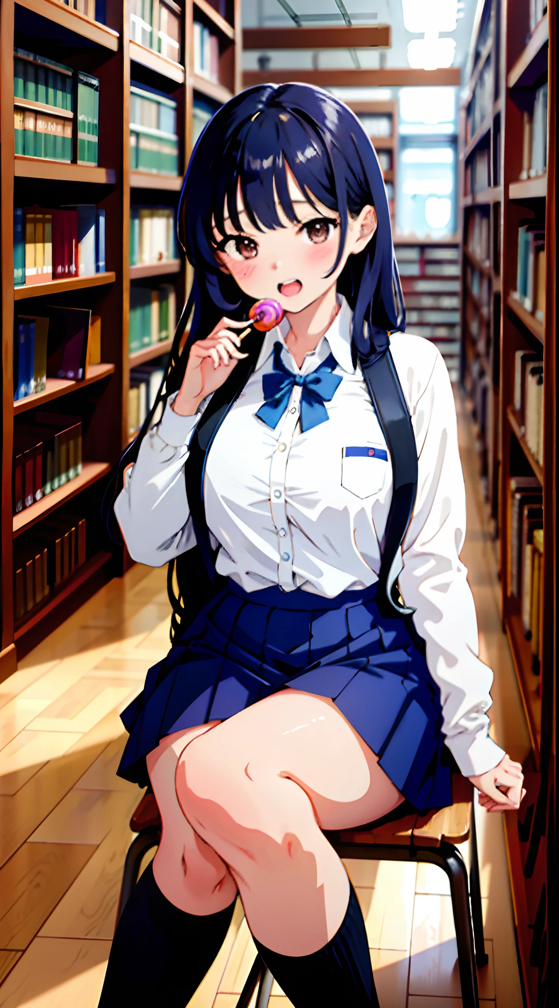 masterpiece, absurdres, ultra-detailed, Yamada Anna, long hair, long sleeves, open clothes, large breasts, school uniform, 1girl, black hair, blue pleated skirt, blazer, blush, white collared shirt, solo, (eating candy:1.5), blush, smile, candy on desk, outdoors, (sitting in library:1.5), open mouth, (masterpiece:1.2), highres, best quality, 8k, very clear,