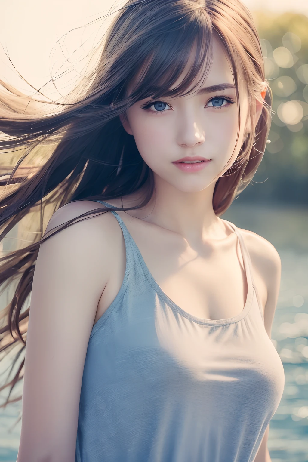 (8k, Best Quality, Masterpiece:1.2), (Realistic, Photorealistic:1.37), Ultra Detail, 1 Girl,Cute,Solo,Beautiful Detailed Sky,Date,(Blush),(Smile:1.15),(Closed Mouth)Small Breasts,Beautiful Detailed Eyes,(Long Hair: 1.2),Floating Hair NovaFrogStyle, all Body, long reg, Tank Top