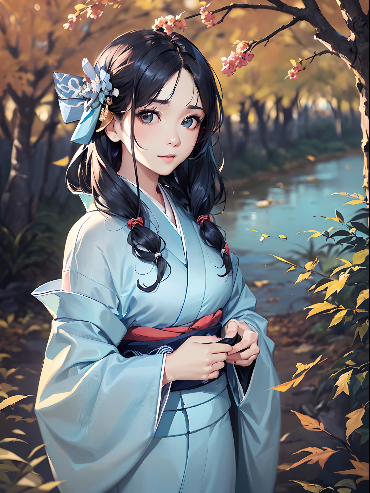 (Finest quality)),(超A high resolution),(ultra-detailliert),(Meticulous portrayal),((best pictures)),(Finest works of art),Ultra-Precision Art,The art of astounding depiction, (1人の女性:1.8),(Light blue kimono:1.6),((Tied black hair:1.5)), Trees with autumn leaves々:1.5, Stand by the creek