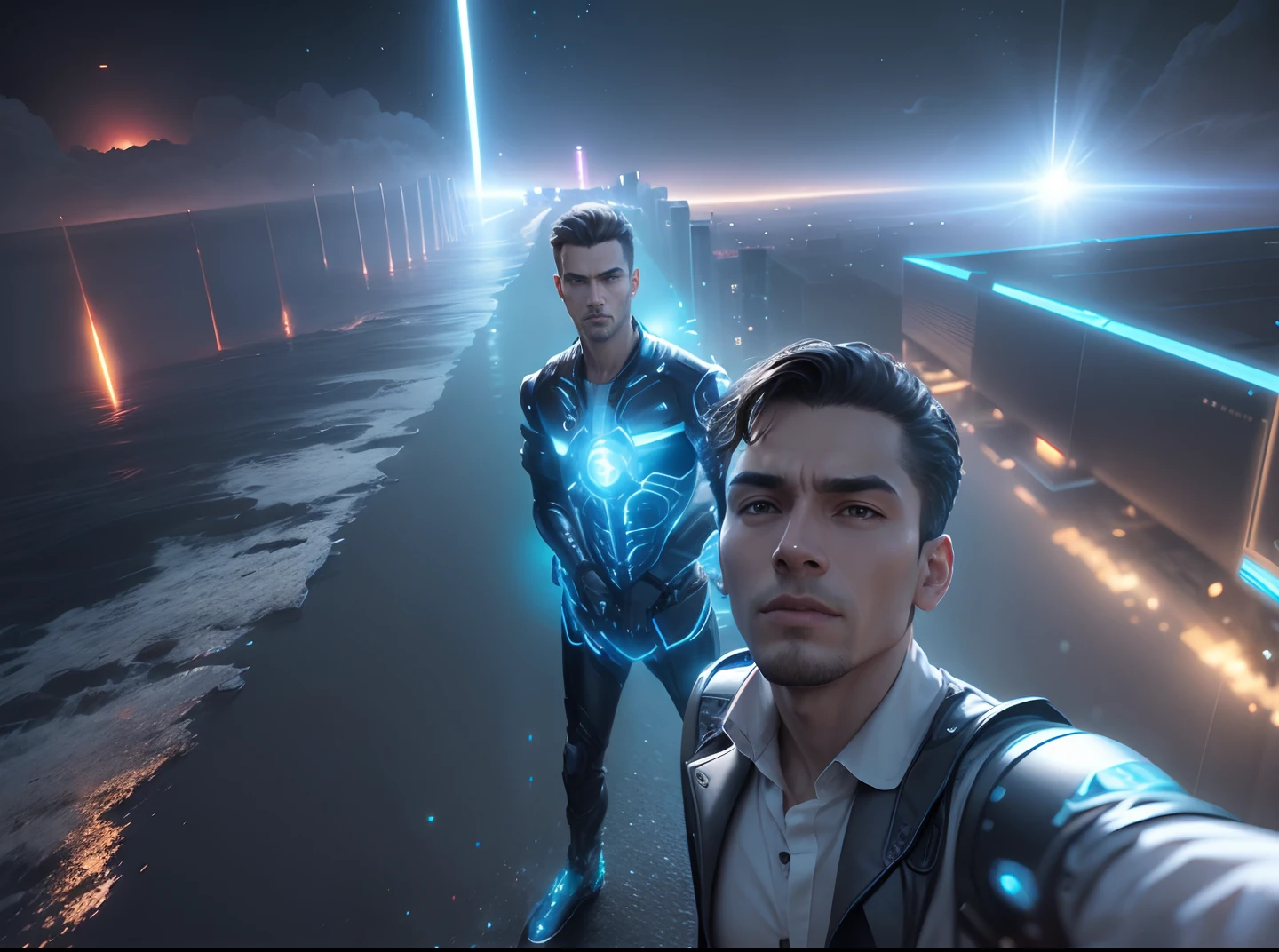 Change background, look handsome, cyber city, realistic, ultra realistic, 8k