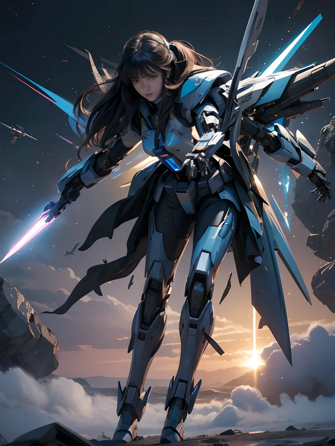 Textured skin, Super Detail, high details, High quality, Best Quality, hight resolution, 1080p, hard disk, Beautiful,(Gundam),(sailormoon),beautiful cyborg woman,Mecha Cyborg Girl,Battle Mode,Girl with a Mecha Body,She wears a futuristic Gundam mecha,Fulll body Shot