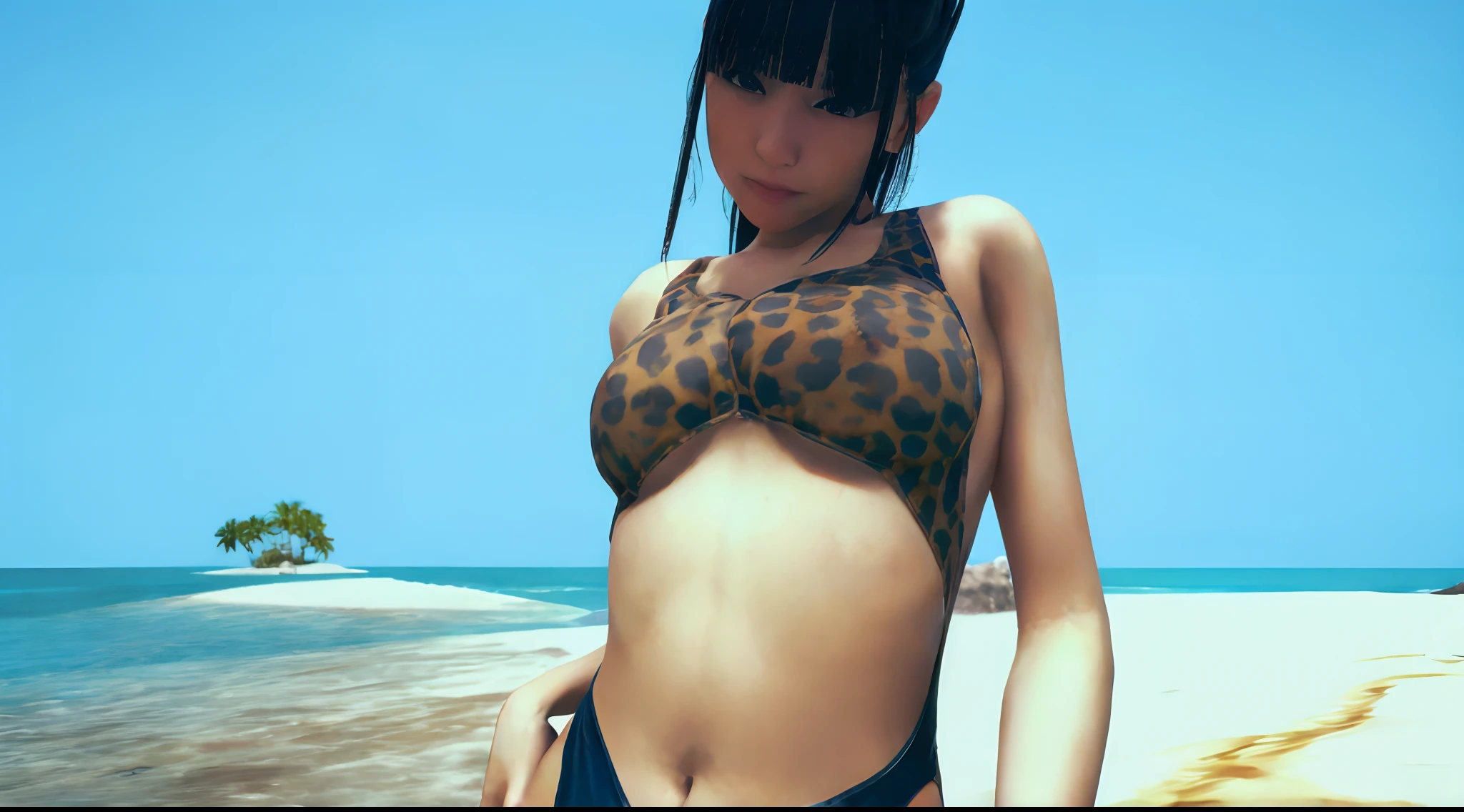 there is a woman in a bikini standing on a beach, realistic bikini, attire: bikini of, Photorealistic perfect body, [ 4 k photorealism ]!!, Swimsuit, wearing a swimming wear, wearing two - piece swimsuit, realistic shaded perfect body, [ 4 k photorealism ]!!!, Asuka as a surfer model, standing near the beach, Posing on the beach