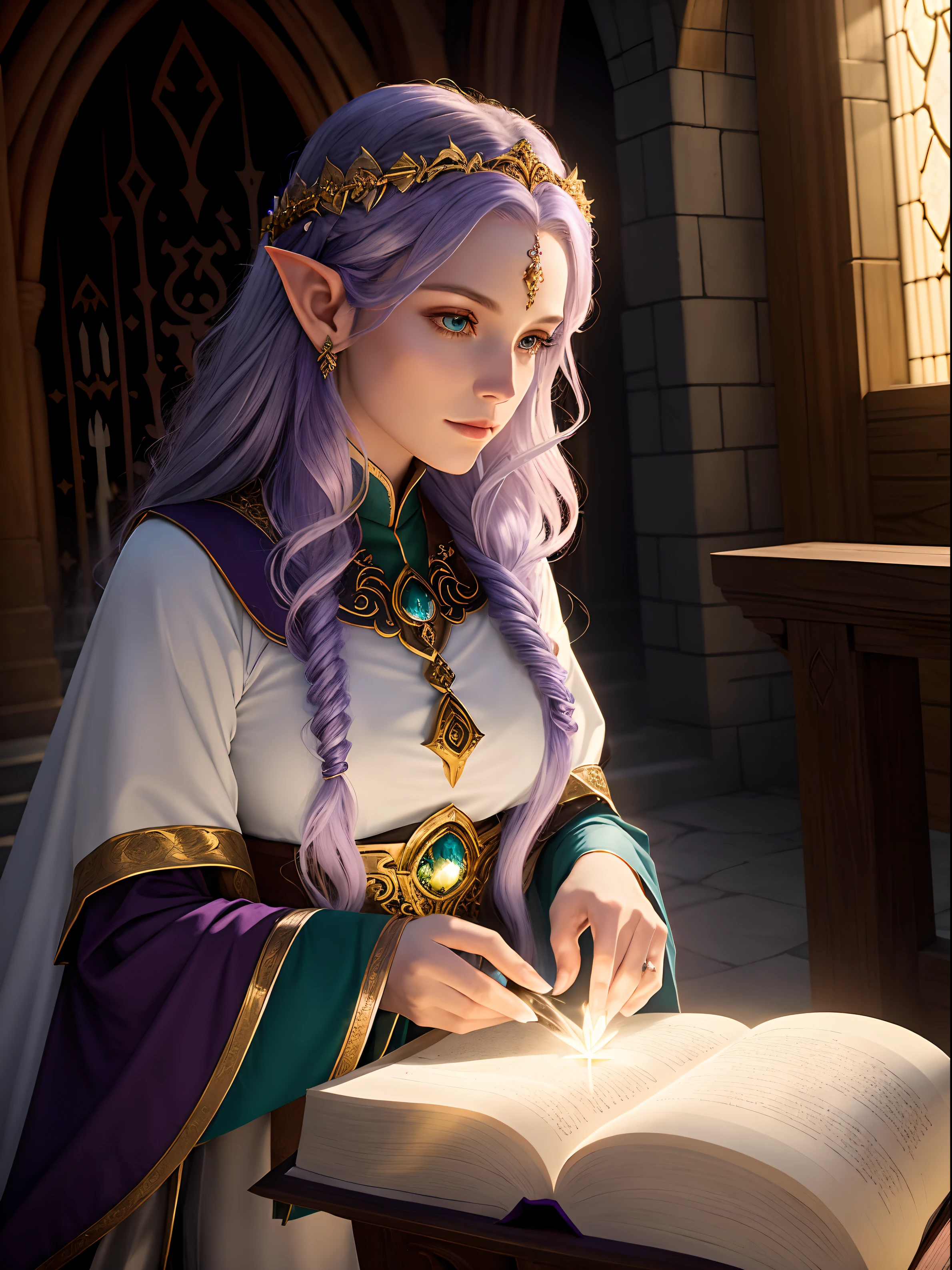 Dark. Gritty. Dnd 5e. She is an ethereal elf with long, flowing hair the color of moonlight and eyes that gleam with wisdom and serenity. Elara's graceful presence is felt throughout the chapel, where she leads ceremonies, provides spiritual counsel, and ensures that the chapel remains a place of solace and devotion for the community. Her aura of tranquility and connection to the divine is a guiding light for the townsfolk, even in the absence of the nearby Whispering Woods.