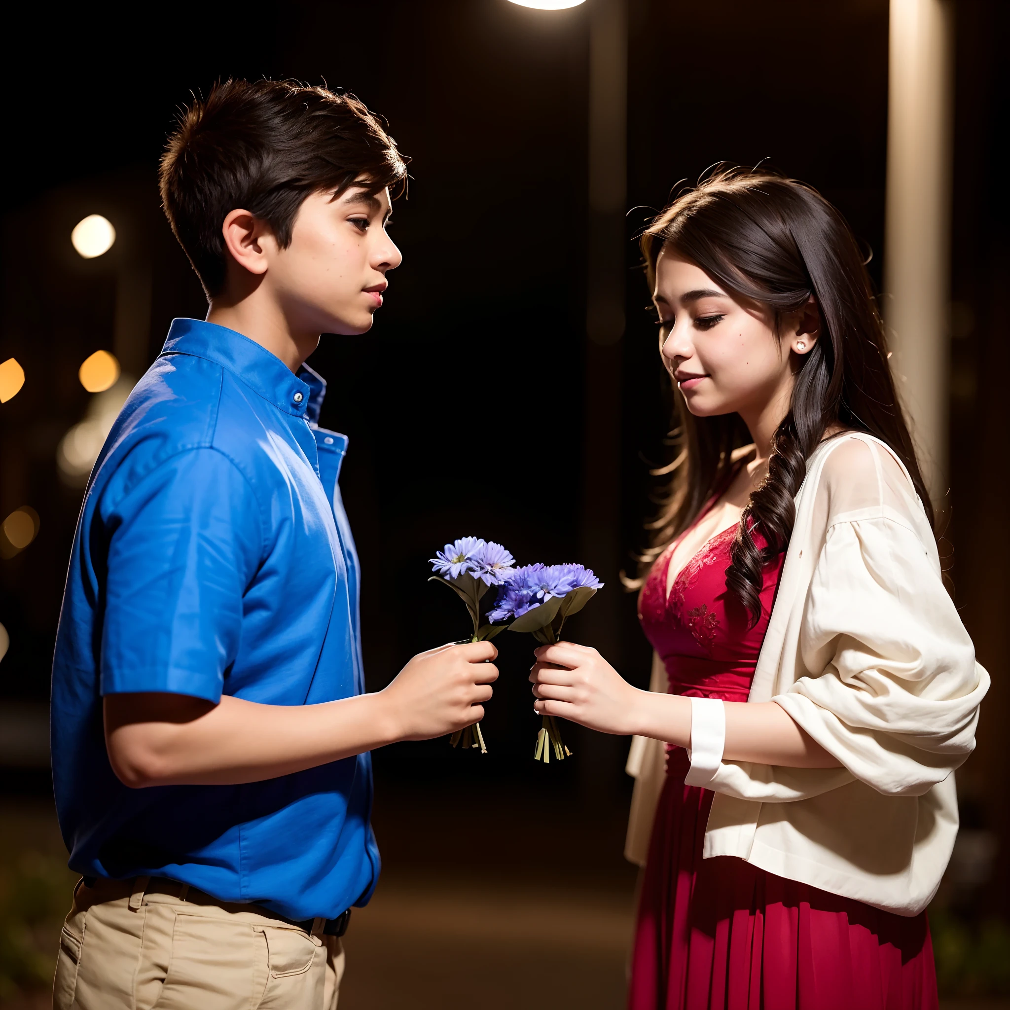 A boy and a girl  are standing next to each other and holding flowers,they  are indian and 18 ,they are happy to express love, the photo was take in night, shoot on canon , 8k , change the background cyberpunk, give the girl red gown and the was wearing blue shirt, make it realistic, ultra realistic