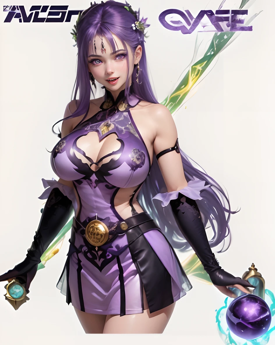(Masterpiece, super detailed, highly detailed, Best quality, official art, beautiful and aesthetic:1.3),(beautiful and delicate),1 girl:1.3, purple eyes,smile,open mouth:1.2,purple hair,long hair,(purple clothing), intricate attire,bare shoulder, Sleeveless,key hole cut-out, transparent silk on mouth,(silk clothing),(see through),layered clothes,large breast:1.2,purple cloth,short skirt,white seamless background, look at viewer,8k,the weapon stick behind back,joy expression,smile:1.2,opened eyes:1.2,(purple athomic magical energy sphere:1.2),