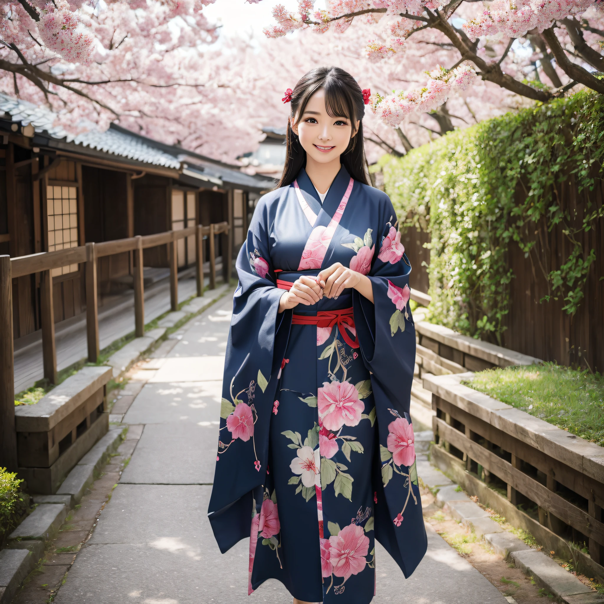 (Super beautiful woman in kimono)、((best qualtiy、8k masterpieces:1.3))、foco nítido:1.2、(ultra beautiful faces:1.0)、(shinny skin:1.0)、photos realistic、A dark-haired、Video Lighting、High-definition eyes and face、Video Lighting、Japanese actressl、from the front side、medium breasts、With a happy smile、Slender Abs Beauty、Whole body、wearing kimonos、Under the cherry