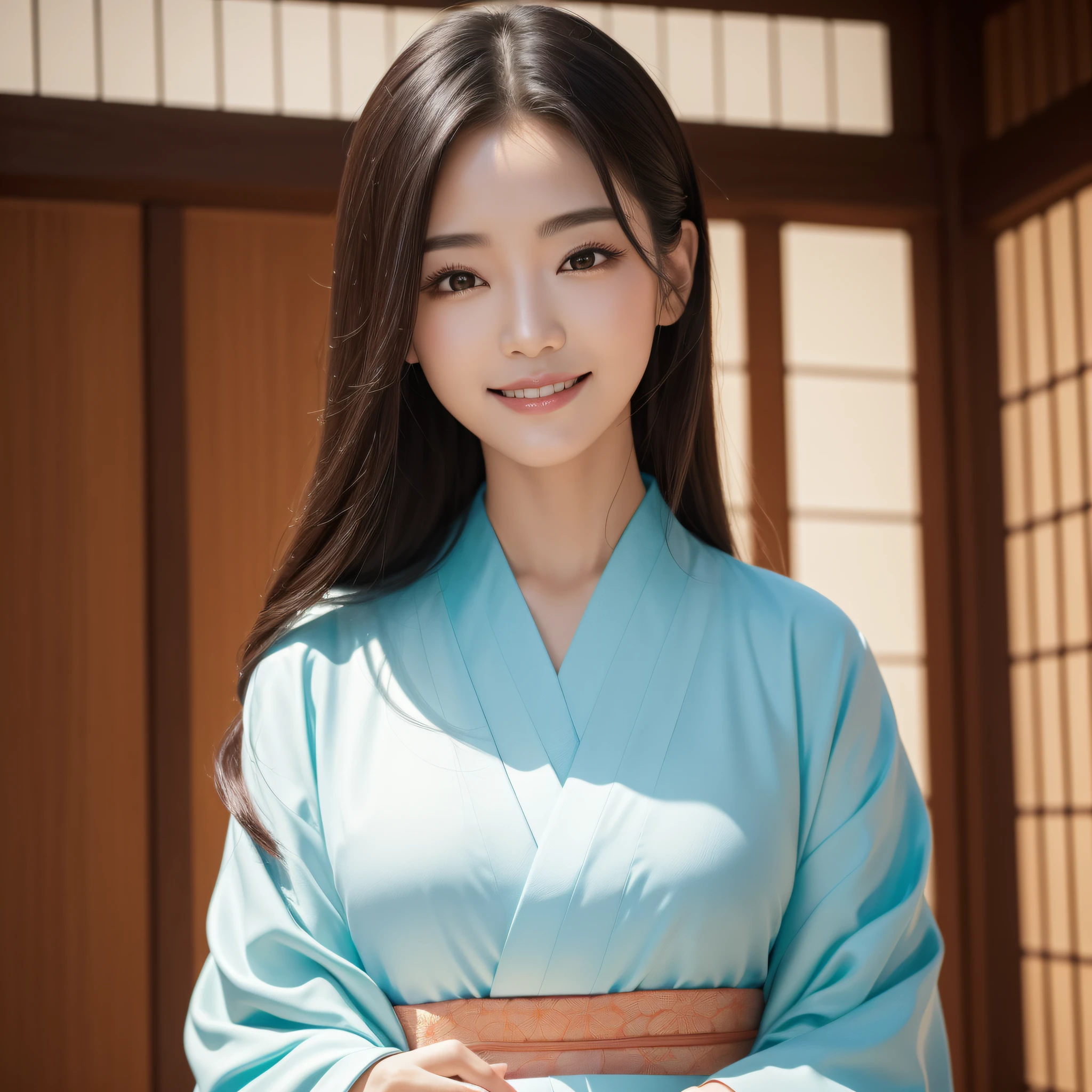 Woman in Kimono、((best qualtiy、8k masterpieces:1.3))、foco nítido:1.2、(ultra beautiful faces:1.0)、(shinny skin:1.0)、photos realistic、A dark-haired、Video Lighting、High-definition eyes and face、Video Lighting、Korean idol actress、from the front side、medium breasts、Smile、Slender Abs Beauty、Whole body、wearing kimonos、At the shrine in the early morning