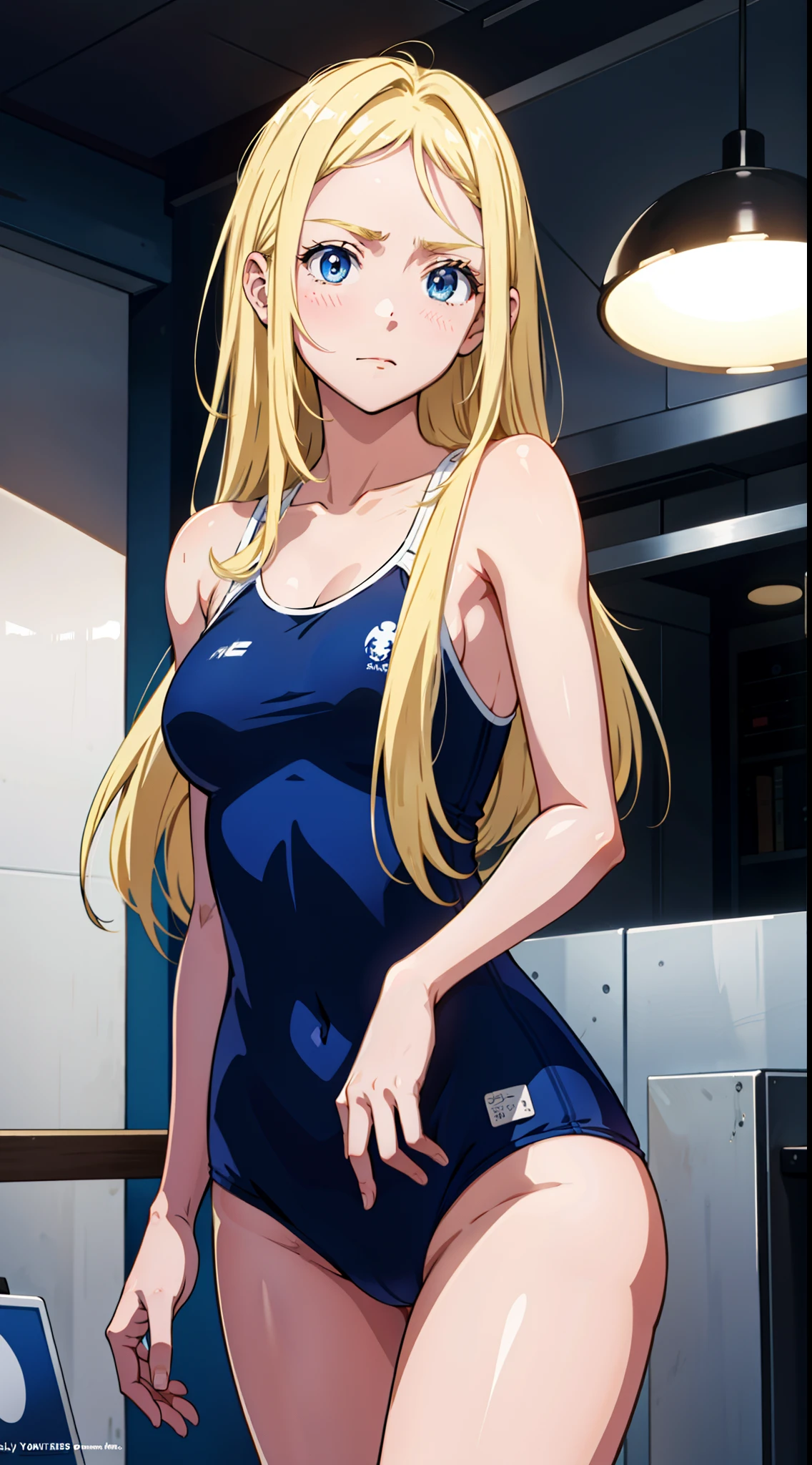 1girl, solo,  Ushio Kofune, blonde hair, long hair, straight hair, blue eyes, blush, blonde eyelashes, blue one-piece swimsuit, (masterpiece:1.2), highres, best quality, 8k, very clear,