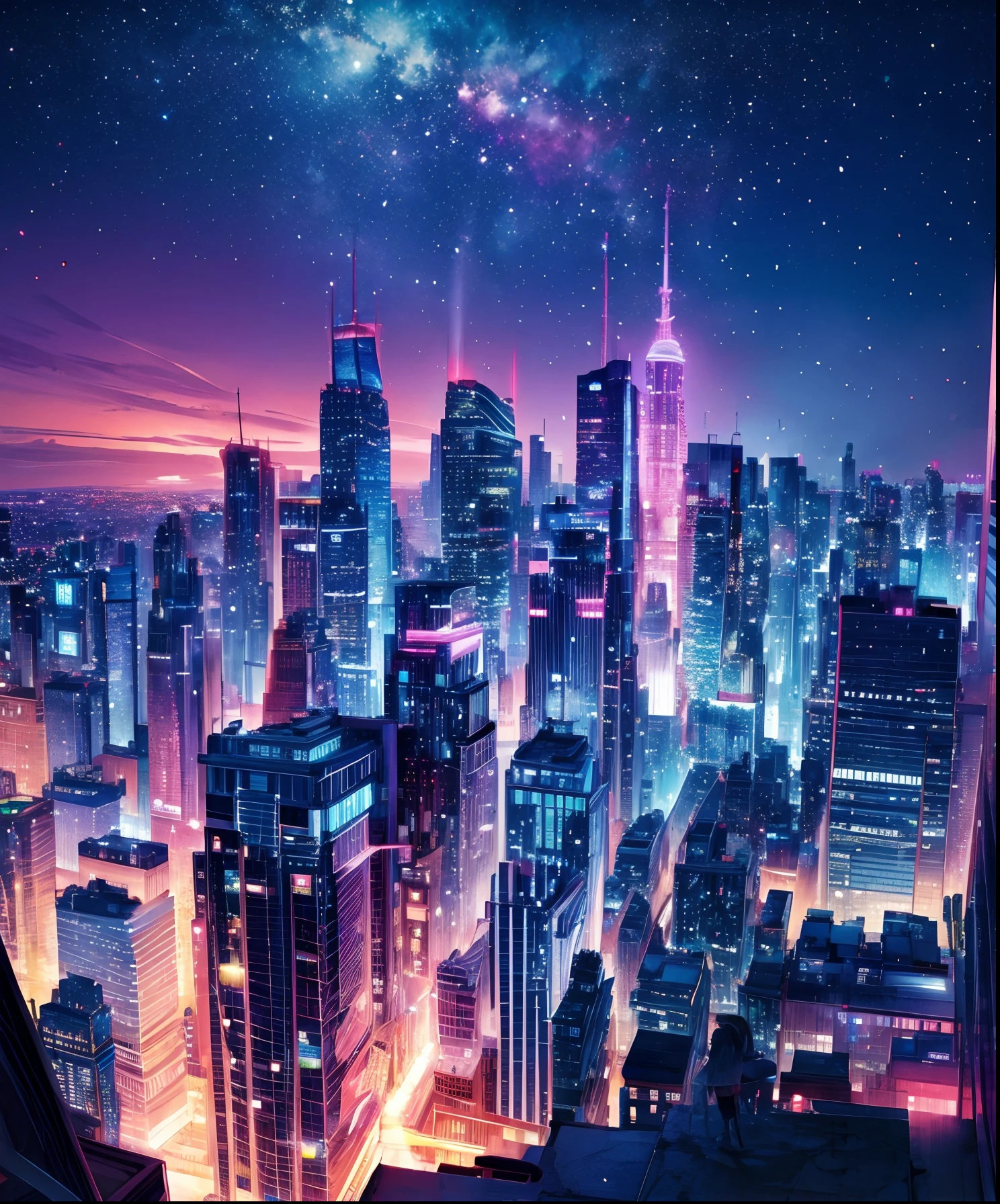 Cute girl characters、 Night view from a high place、Depict a large number of skyscrapers, Looking up at the starry sky. Surround her with colorful nebulae and colorful metropolis.