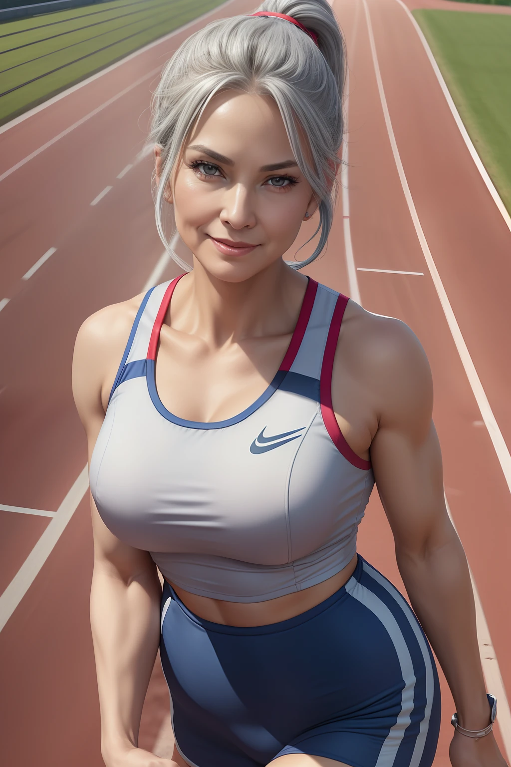 65-year-old woman with gray hair, seductive gaze, some wrinkles on her face, 8k, ultra realistic, realistic, realism, extra realistic, ultra detailed, detailed background, wrinkles on body, showing full body, detailed body, detailed face, detailed eyes, detailed background ((masterpiece, Top image quality, hight resolution、small tits、Sleeveless uniforms on land、track and field athlete、high-ponytail Hairstyle、no-bra, A slight smil))、red lipsticks、Walk along the tracks of the athletics stadium、On both hands and hips、Navel is visible、((Thigh Raising Training))、((Running on the track))、(((see the whole body)))