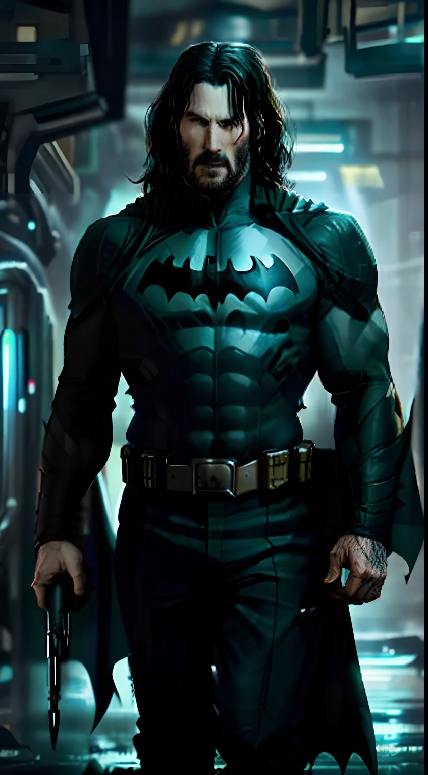 1 man, solo, john wick as Batman, tall, hunk, muscular, bulk, wide shoulder, photorealism, dark dirty grey suit, dark grey arms, ((no mask)), mask off, black long hair, black gloves, best quality, masterpiece, high resolution:1.2, black cape, high detailed mask, high detailed suit, high detailed face, award winning, night time, a dark cave in the background, indoors