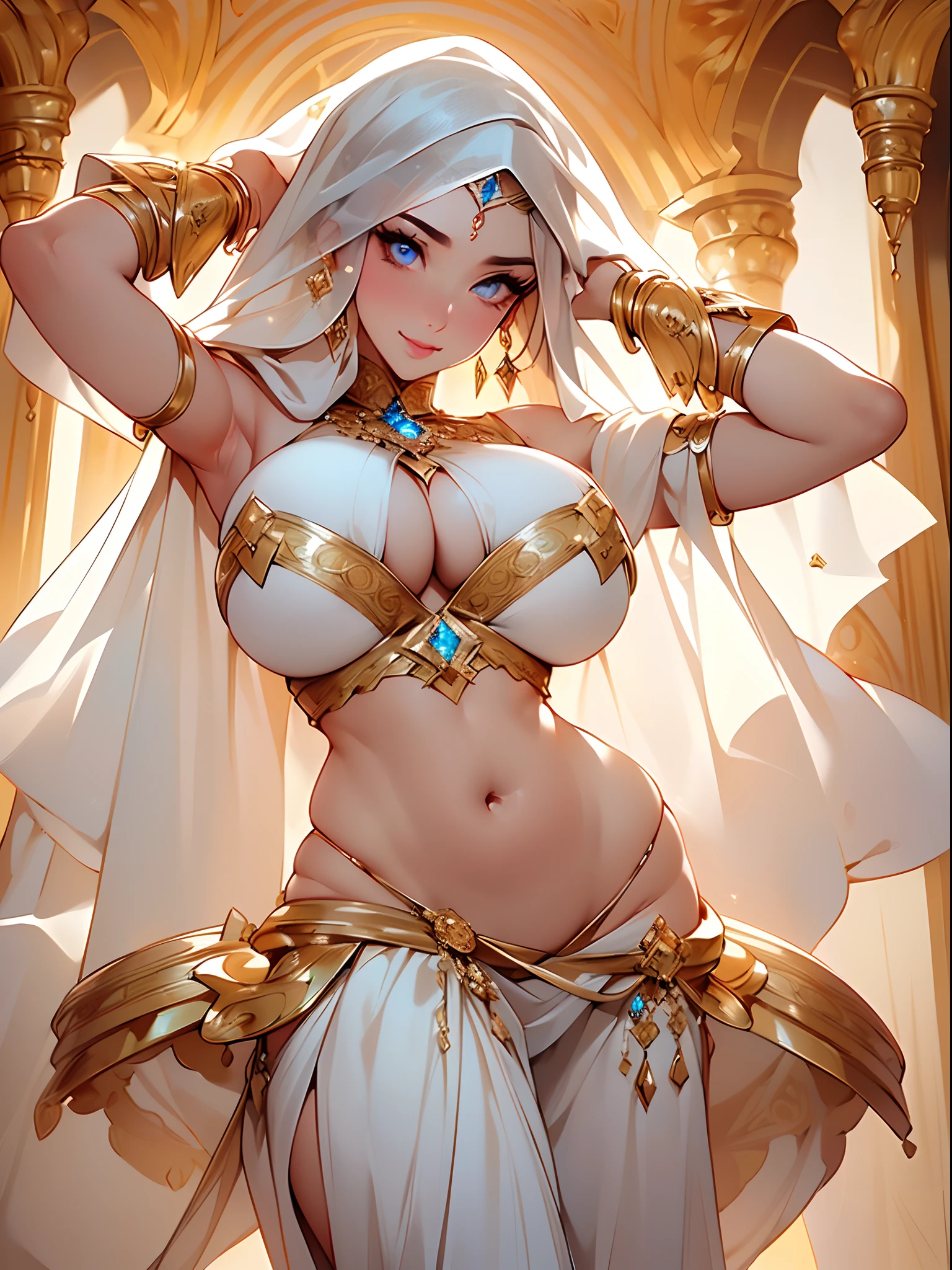 (​masterpiece,of the highest quality、8K ),Insanely detailed, Caustics,One Cute Girl,(Sexy Beauties:1.4),(perfect body type:1.4),(huge-breasted:1.4),Seductive smile,Mega Ponytail,Half rim(Belly Dance Dancer Costume:1.3),veils、(Face Veil:1.3),veils,Look at viewers,Midriff,Butt crack,Glamorous hips,(From  above:1.1),(rollback :1.2),arms on head,Arabian Night、Arabian Stage、(detailed and beautiful eyes、(Glossy Lip、Crystal clear skin、White and beautiful skin:1.2),long lashes、Eye Highlights,Twinkle Eyes,Hyper realistic,Perfect Anatomy