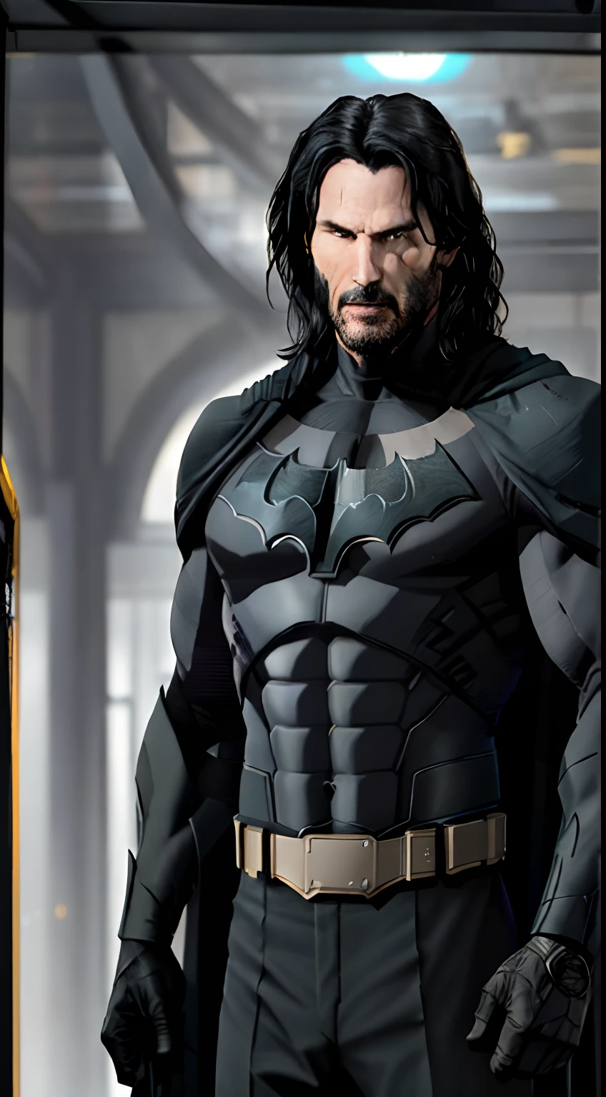 1 man, solo, john wick as Batman, tall, hunk, muscular, bulk, wide shoulder, photorealism, dark dirty grey suit, dark grey arms, ((no mask)), mask off, black long hair, black gloves, best quality, masterpiece, high resolution:1.2, black cape, high detailed mask, high detailed suit, high detailed face, award winning, night time, a dark cave in the background, indoors