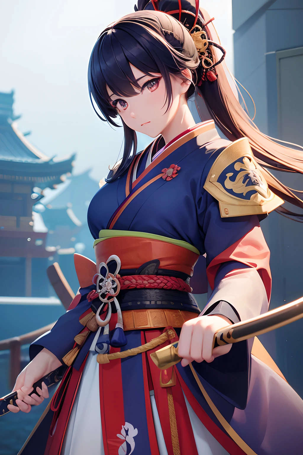 Beautiful female samurai of the Warring States period、Woman with semi-long hair、Samurai's Idetouch、Samurai Pose、Big sword、、gazing at viewer、The appearance of the samurai、Computer Graphics Art、。.。.。.。.。.。.。.。.。.。.。.。.。.。.。.。.。.。.。.3D、hight resolution、top-quality、The upper part of the body、8K Character Concept、32K、pixiv、illustratio、 ultra-detailliert、hyperdetailed face、Megapixel、 Ultra High Definition HDR、Clair、Overdecoration