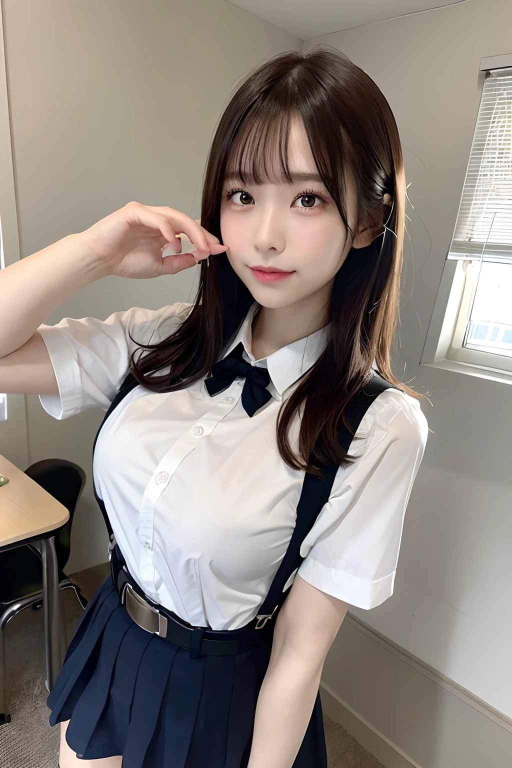masterpiece、top-quality、The ultra -The high-definition、、colourfull、flat-colors、depth of fields、lens flare 1 girl、、A dark-haired、watching at viewers、Schools、Classroom、a miniskirt、Detailed feel、Detailed Cloth Texture、beautifull detailed face、beauty of 30 years old、Adult atmosphere、 garters Stockings large full breasts suspenders is standing glares knee high Niso knee high socks Armpit sweat Hands behind your hands Belt on skirt Armpit sweat Raise your hand