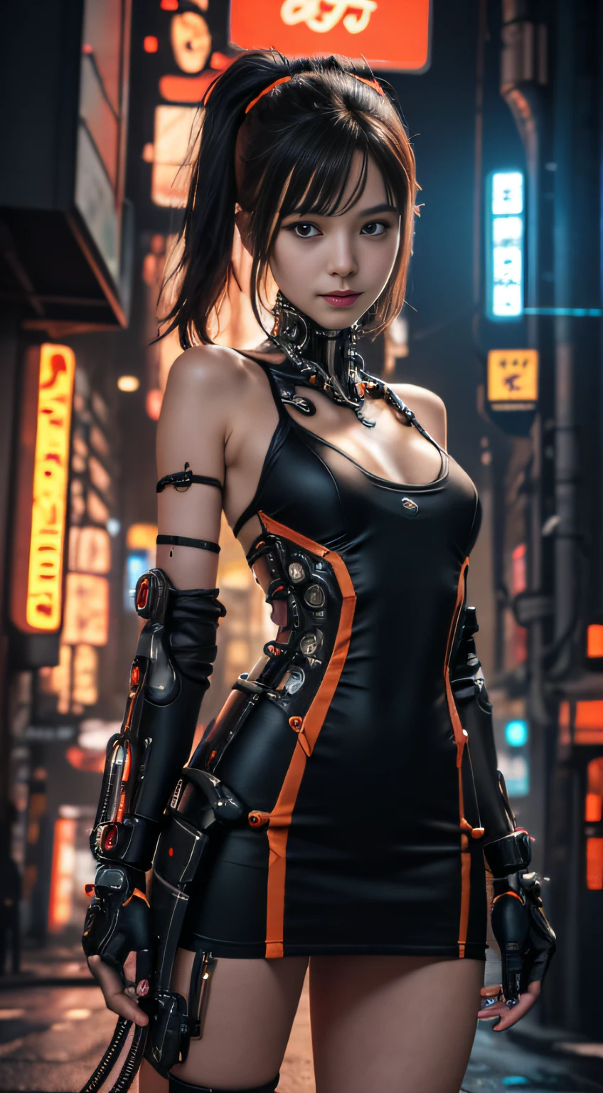 unreal-engine:1.4,hyper HD,Best quality:1.4, Fotorrealista:1.4, Skin texture:1.4, tmasterpiece:1.8, 1 Cyberpunk Girl, brunette color hair, glowy skin, 1 orange mechanical girl, (Super realistic details)), full bodyesbian, global ilumination, Contrast, Umbroso, rendering by octane, ultrasharp, exposed neckline, raw skin,Orange miniskirt, metal,Intricate yellow decorative details, Japan Details, High level of detail, realistic raytraicing, Trends in CG, in front of camera, neon light detail, Mechanical limbs, blood vessels attached to the tube, Mechanical vertebrae attached to the back, mechanical cervical attachment to the neck, wires and cables connecting to head, gundam, Small LED lamps. Girl、silber hair、Perfectly rounded pupils、Huge irisディテール, light smile,(Cyberpunk:1.3)