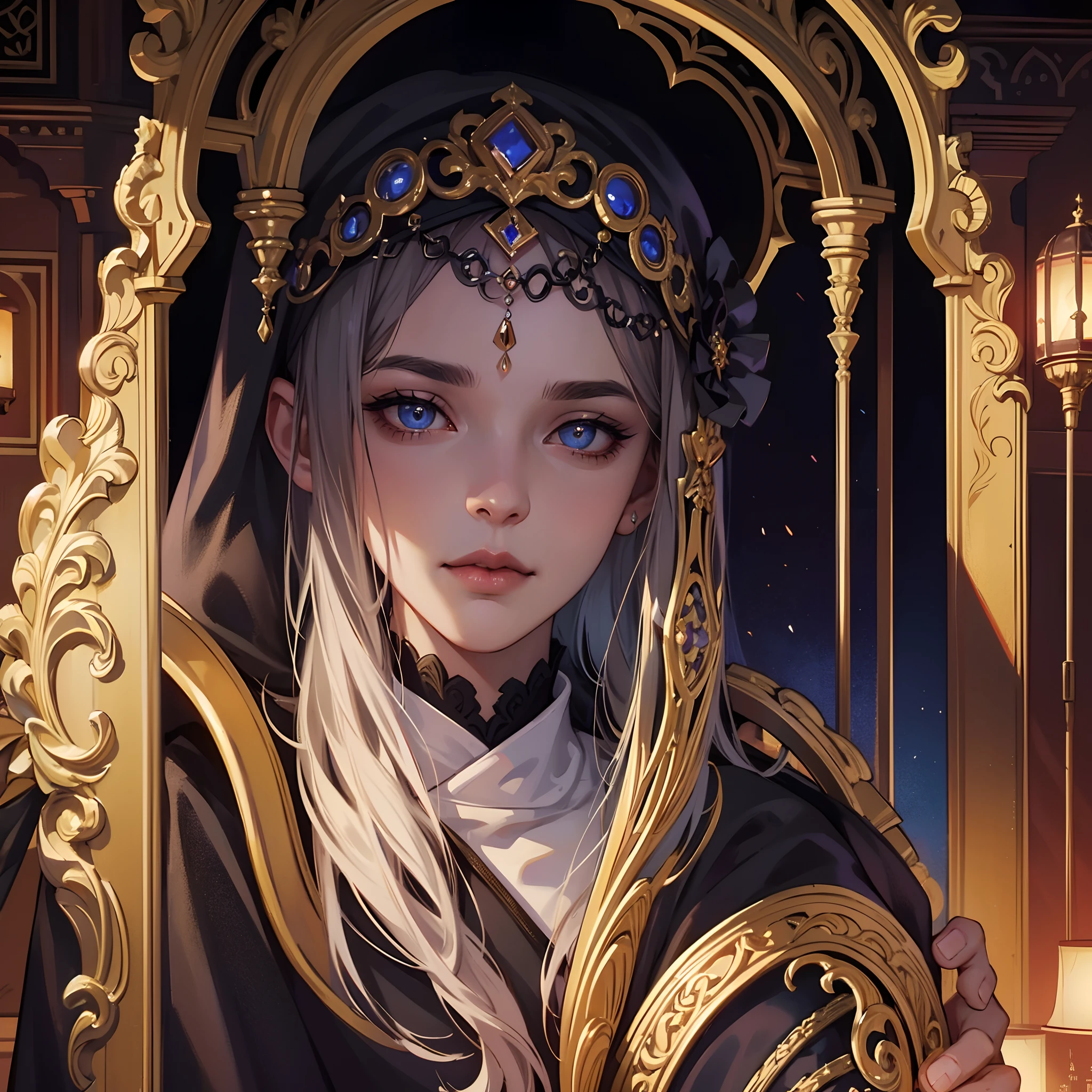 Castlevania Shadow Lord hyper realistic super detailed dark princess very beautiful European princess bright eyes portrait Wearing Islamic moroccan Caftan outfit hyper realistic super detailed Dynamic shot master piece scene cinematic scenes movie Epic Legendary Moroccan interior