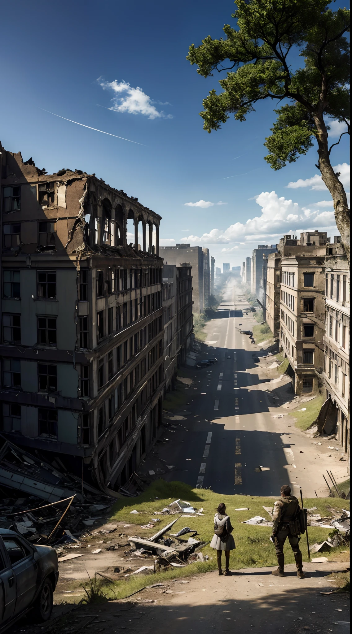 Masterpiece, high resolution, high detailed, scenery, post-apocalypse world, civilization ruins, 1man and 1girl standing on a once highway looking at ruined civilization they are surrounded by many ruined towering city buildings, scenery focus, daytime, blue sky, moss, trees, many broken vehicles, broken motorcycles