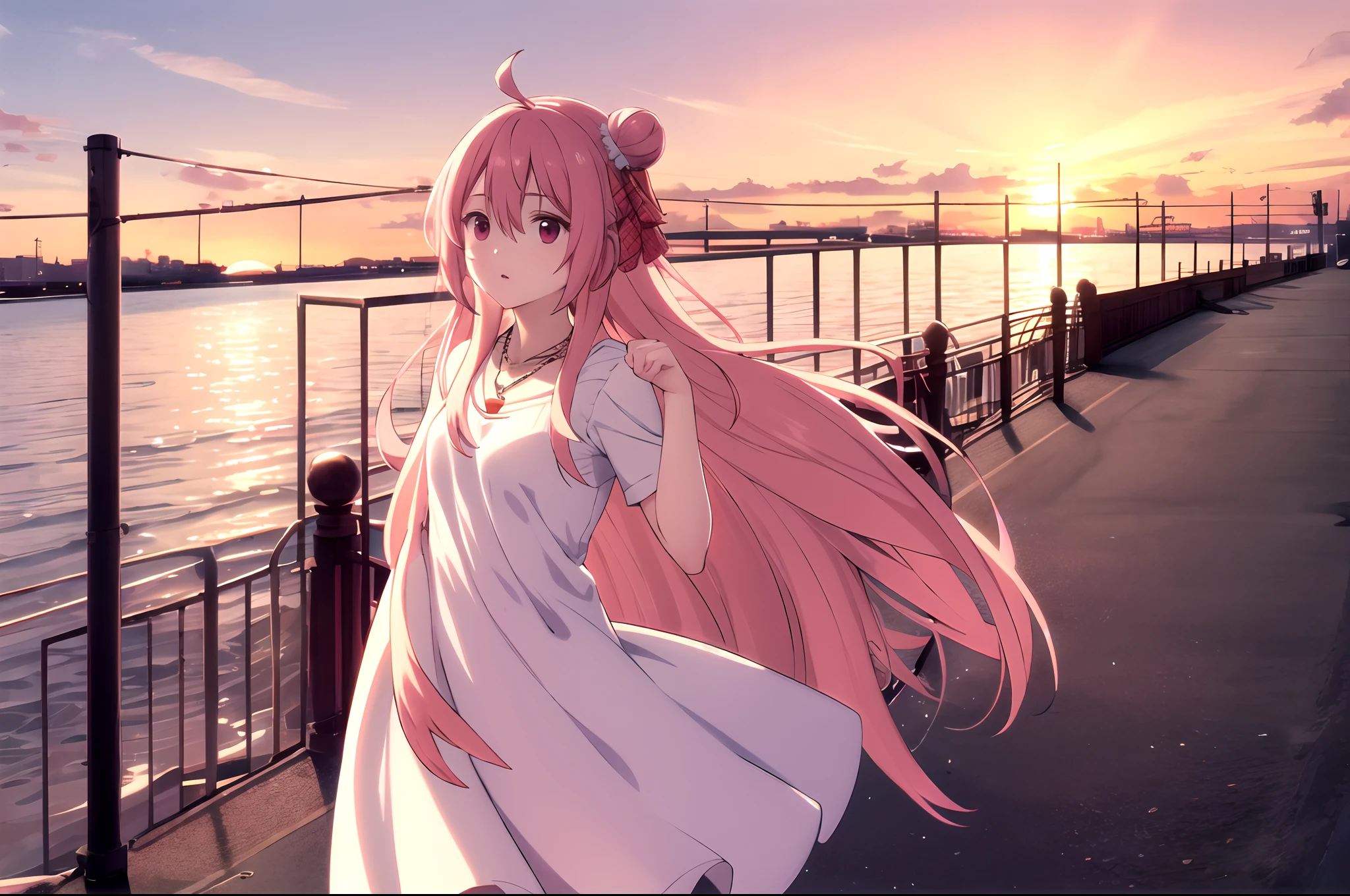 Sato, Hair bread, Long hair, Pink hair, Red Eyes, Cold wind, White dress, summer dress, Seafront, sunset, Be Your Eyes, necklaces