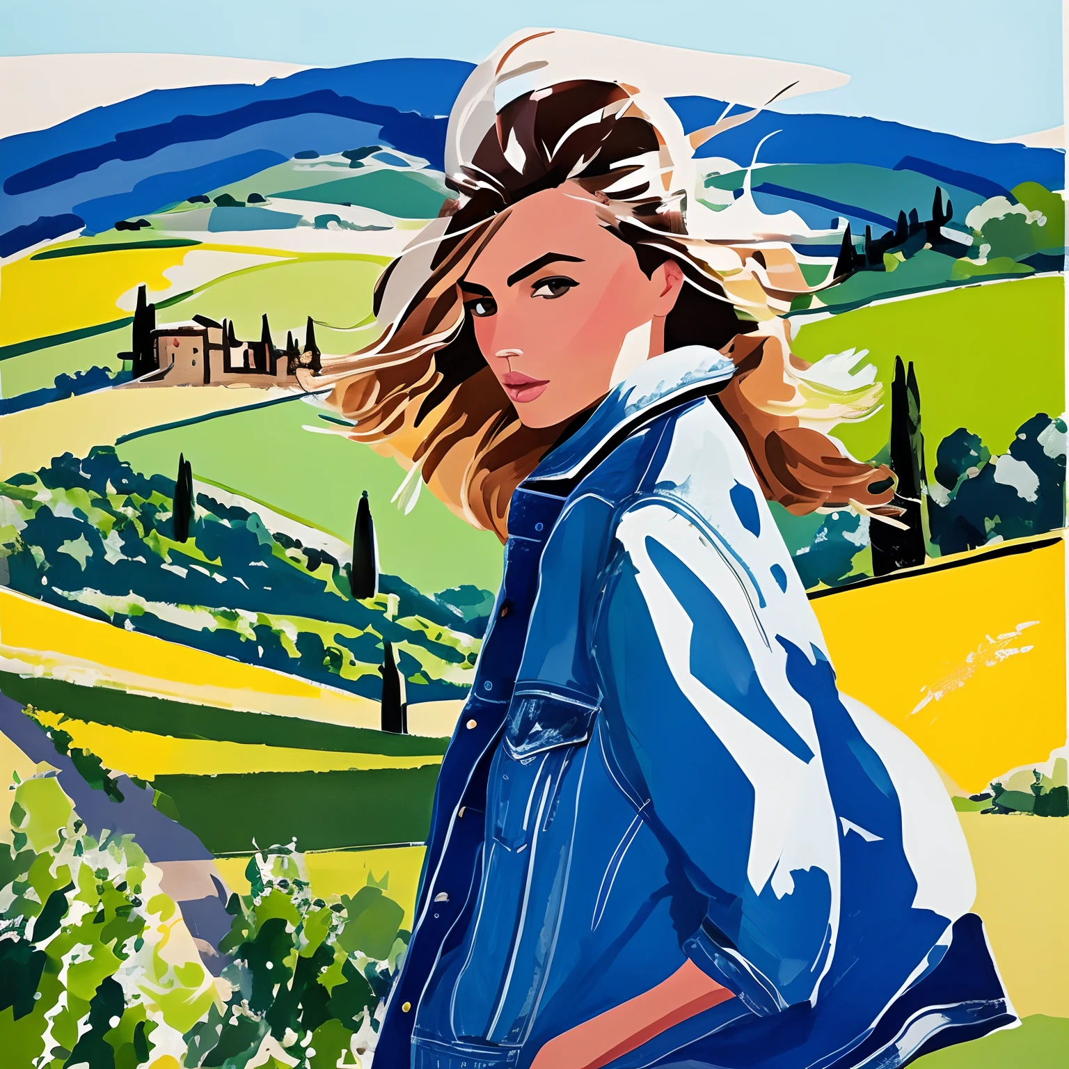 David downton fashion illustration, blonde bob thin hair 1woman, andreea diaconu, trendy blue denim jacket, tuscany green landscape, italy, grape leaves, sunlight