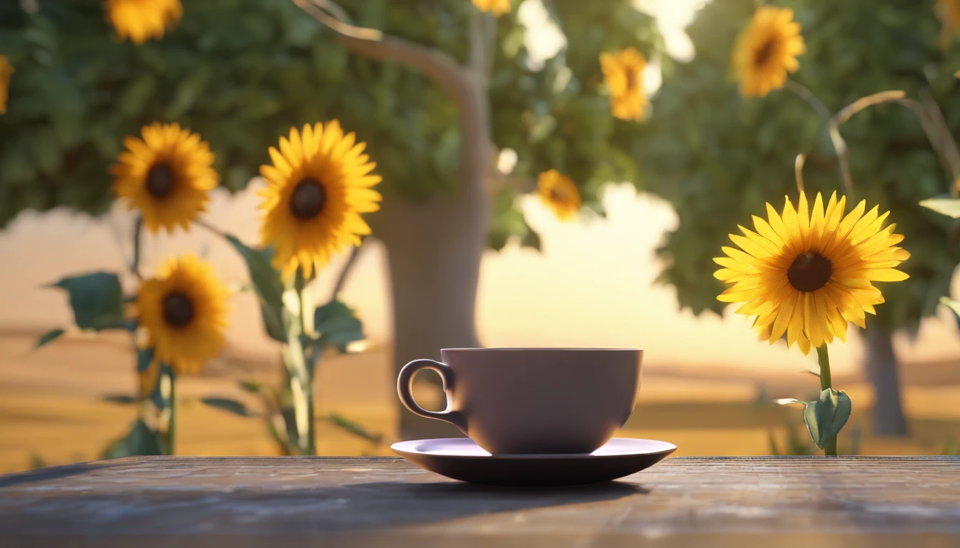 A picture on the right side of which is an espresso coffee in a cup and on the left side of a sunflower with some sunflower seeds falling from it. It is in the background of the historical structure of Persepolis in Iran, and this picture is in the dark of the sunset. It is with a very professional camera...